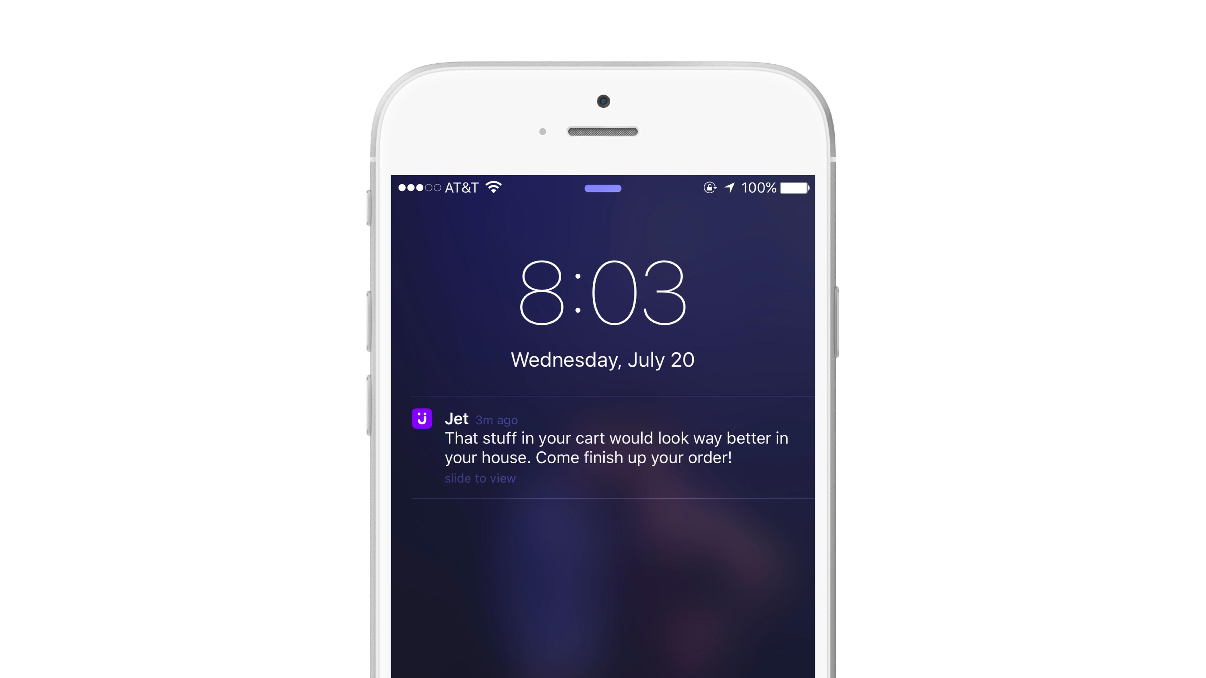 A smartphone screen displaying a notification from Jet about items in the cart. The time is 8:03 on Wednesday, July 20.