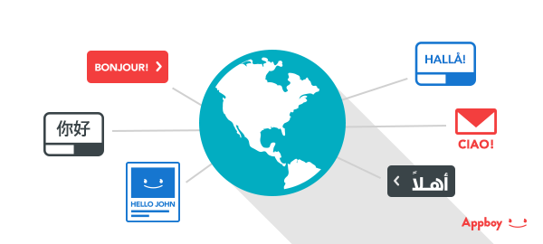 A stylized globe with various greetings in different languages surrounding it, representing global communication. The Appboy logo is displayed in the bottom right corner.
