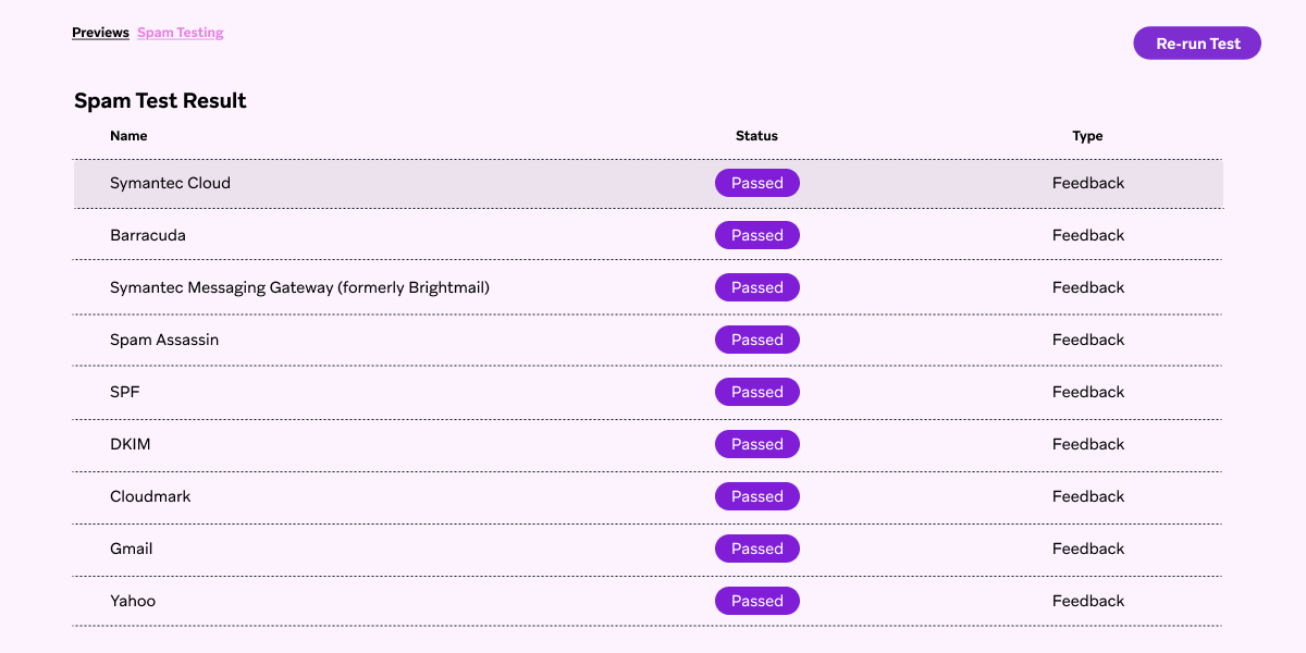 Spam test results showing all listed security checks and email providers passed.