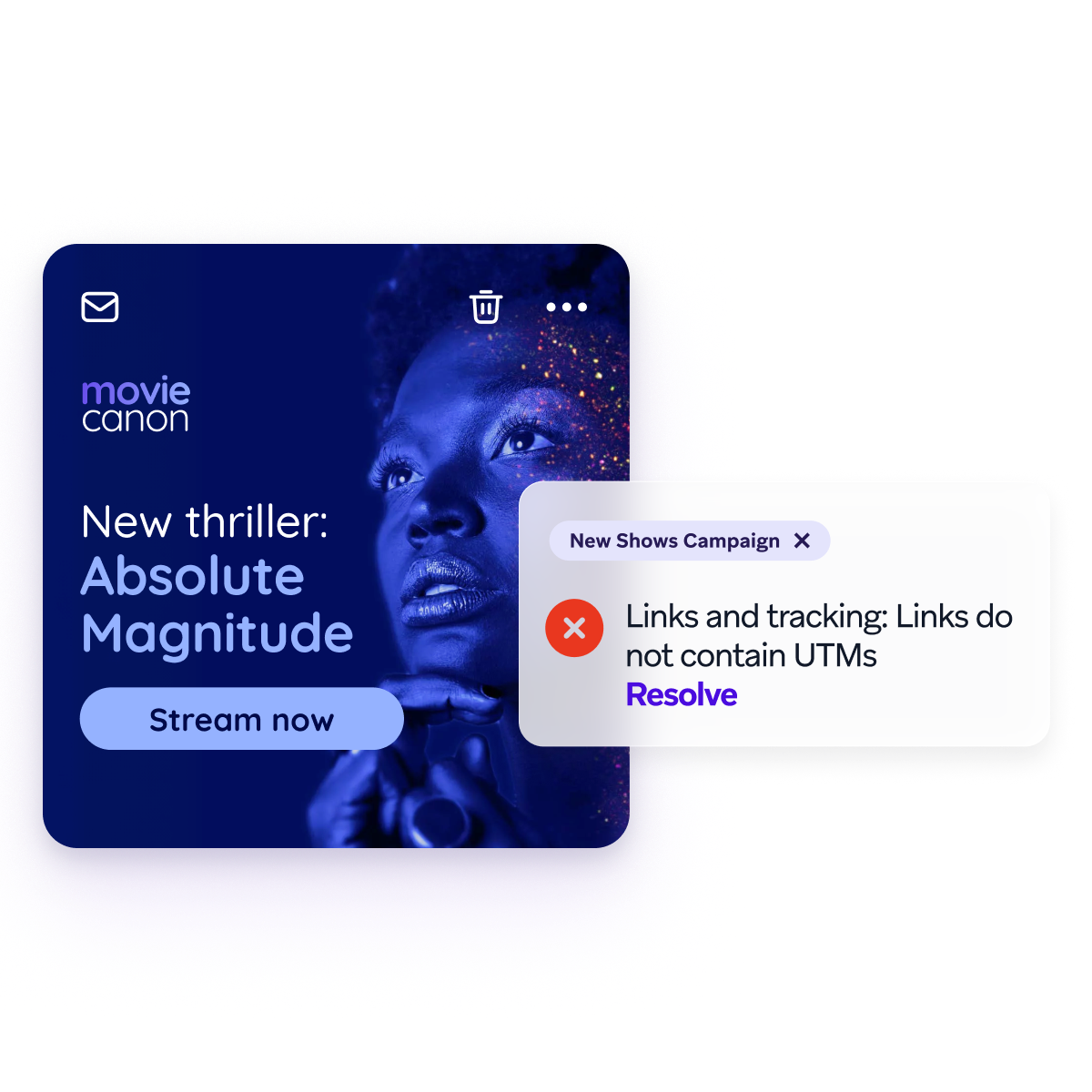 Movie promotion for “Absolute Magnitude” with a campaign warning that links do not contain UTMs.