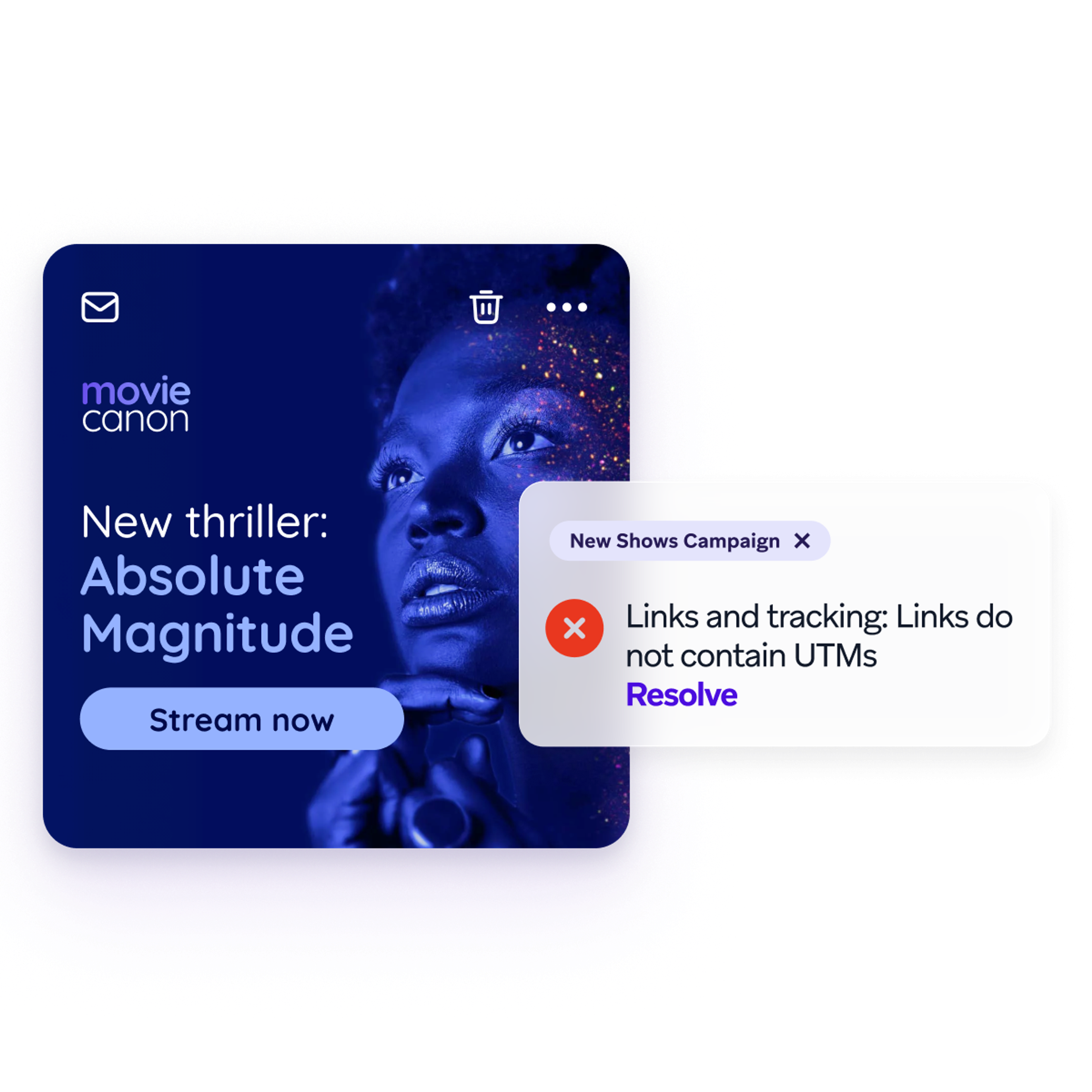 Movie promotion for “Absolute Magnitude” with a campaign warning that links do not contain UTMs.
