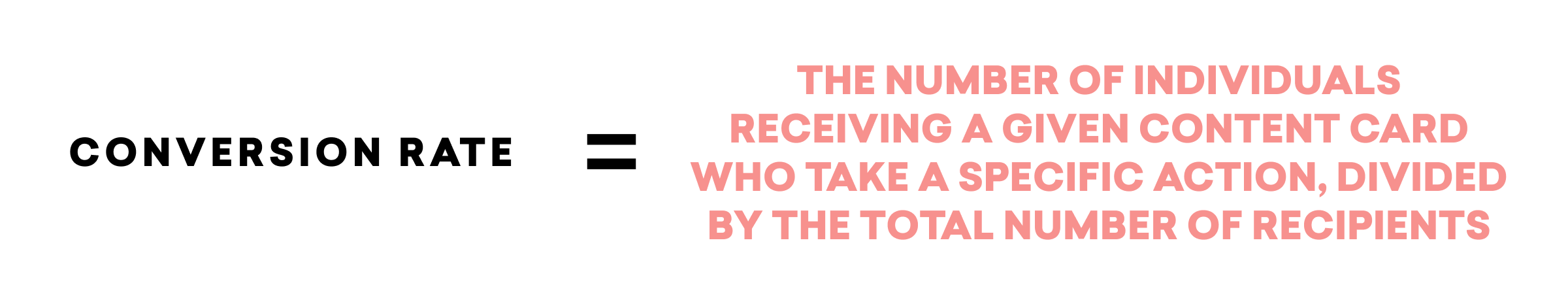 A formula explaining conversion rate, showing that it is the number of individuals taking a specific action divided by the total number of recipients.