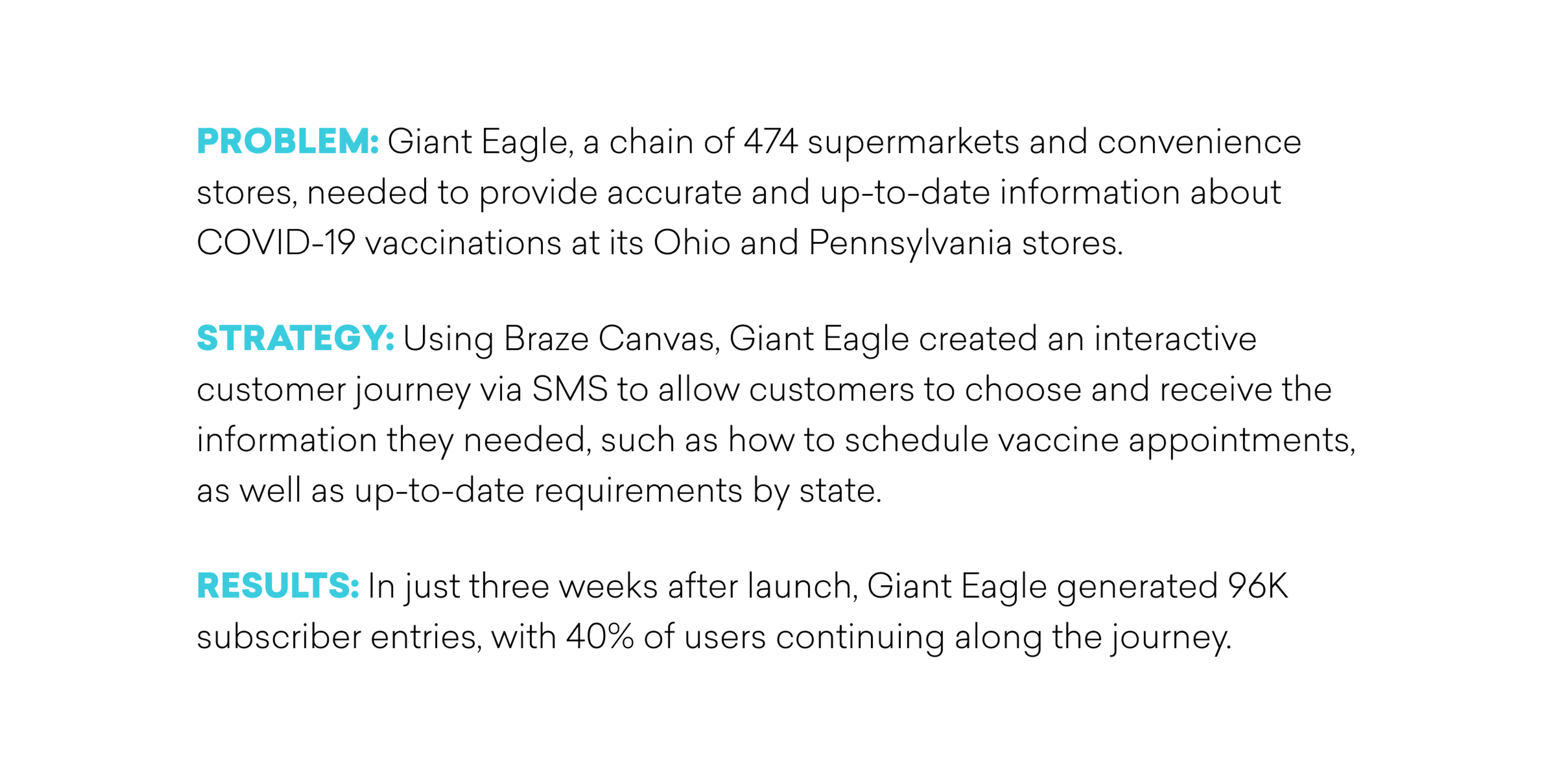 Text slide summarizing Giant Eagle’s COVID-19 vaccination campaign with Braze Canvas, outlining the problem of sharing up-to-date vaccine information, the SMS-based strategy, and results of 96K subscribers and 40% continued engagement in three weeks.