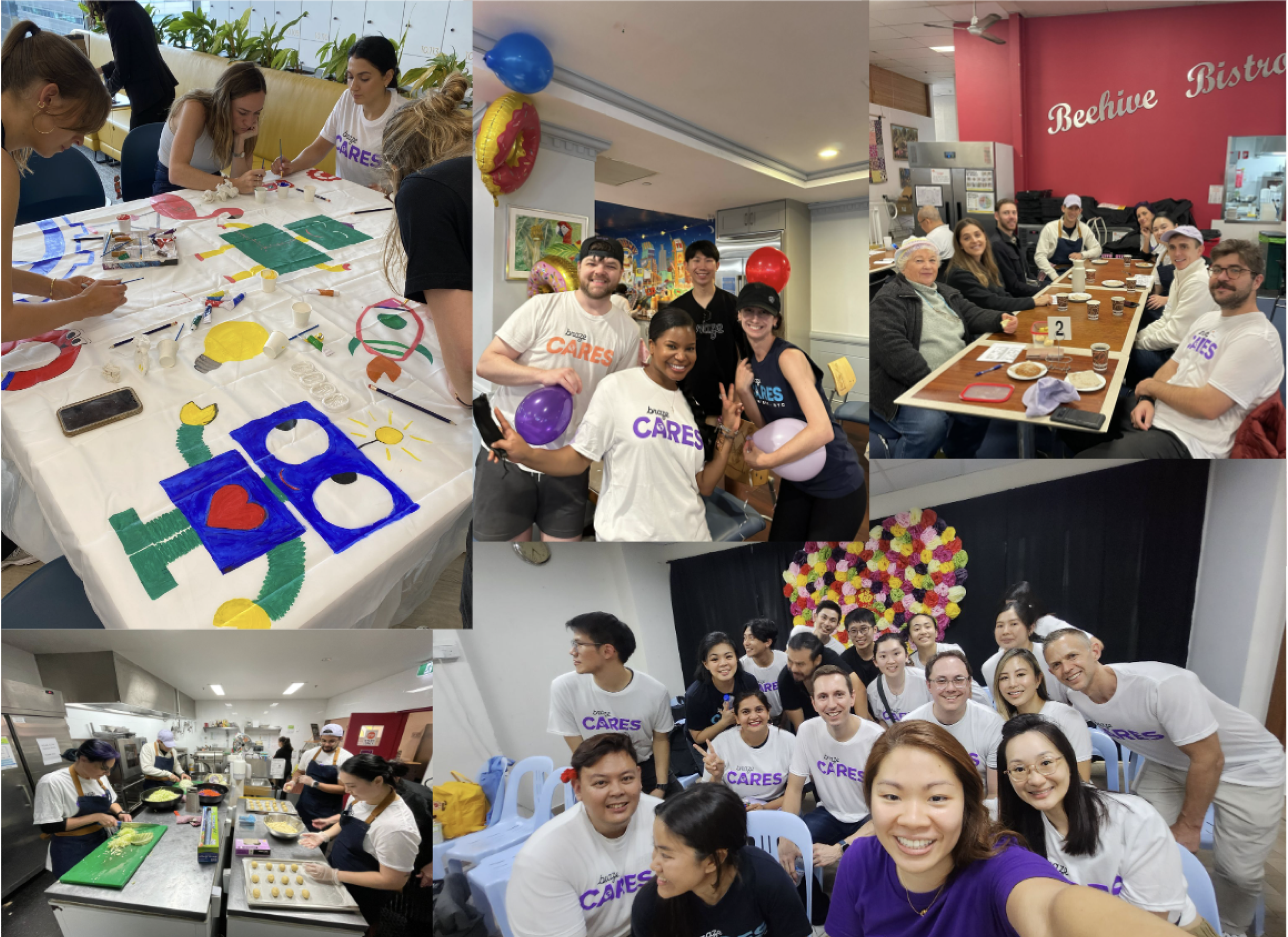 A collage of images showing a group of people engaged in various activities, including painting, cooking, and socializing, all wearing matching t-shirts with the word "CARES." The setting appears to be a community event or volunteer activity.