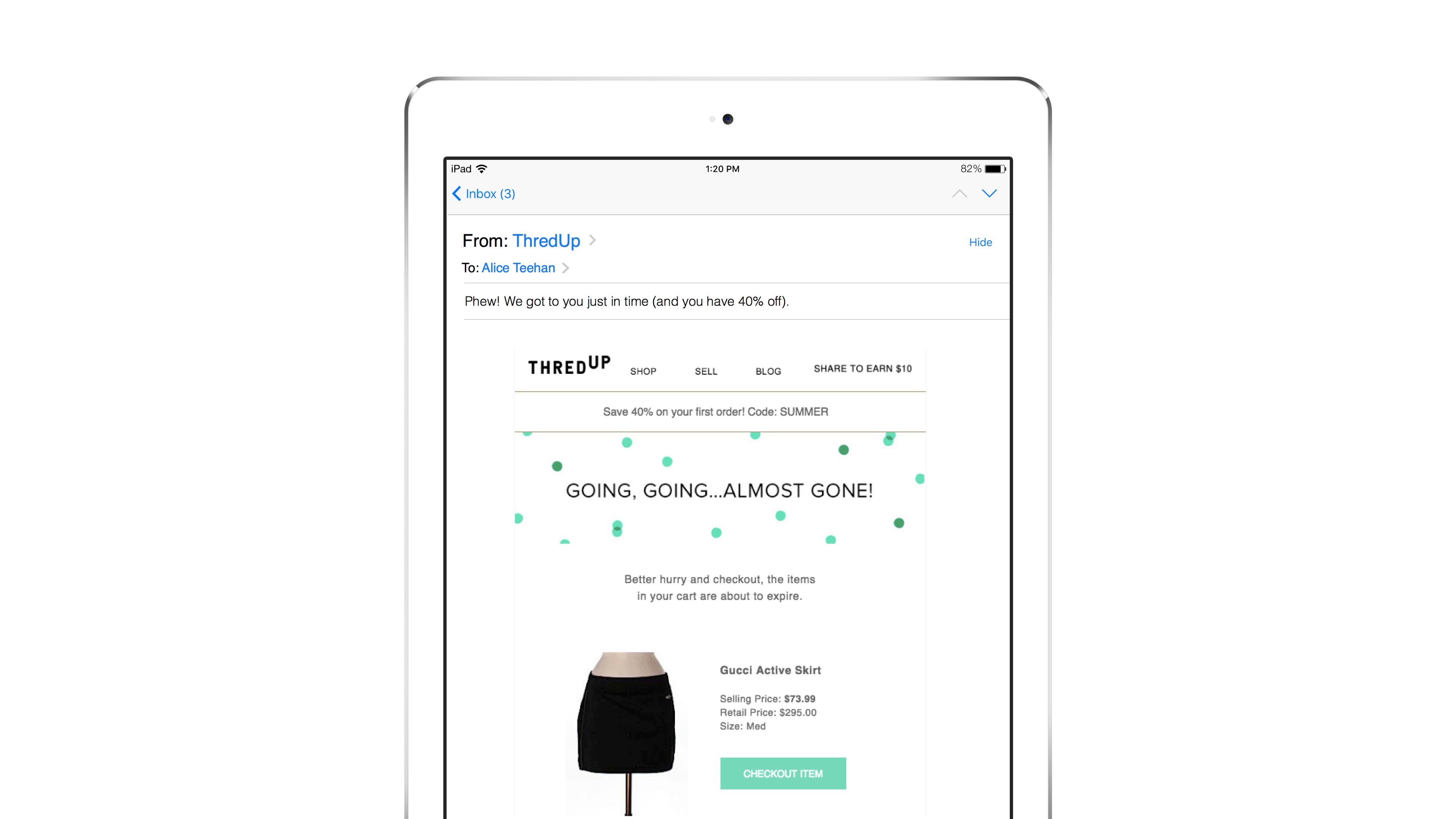 An email from ThredUp on an iPad, featuring a promotion for a skirt with a discount code. The message highlights a limited-time offer.