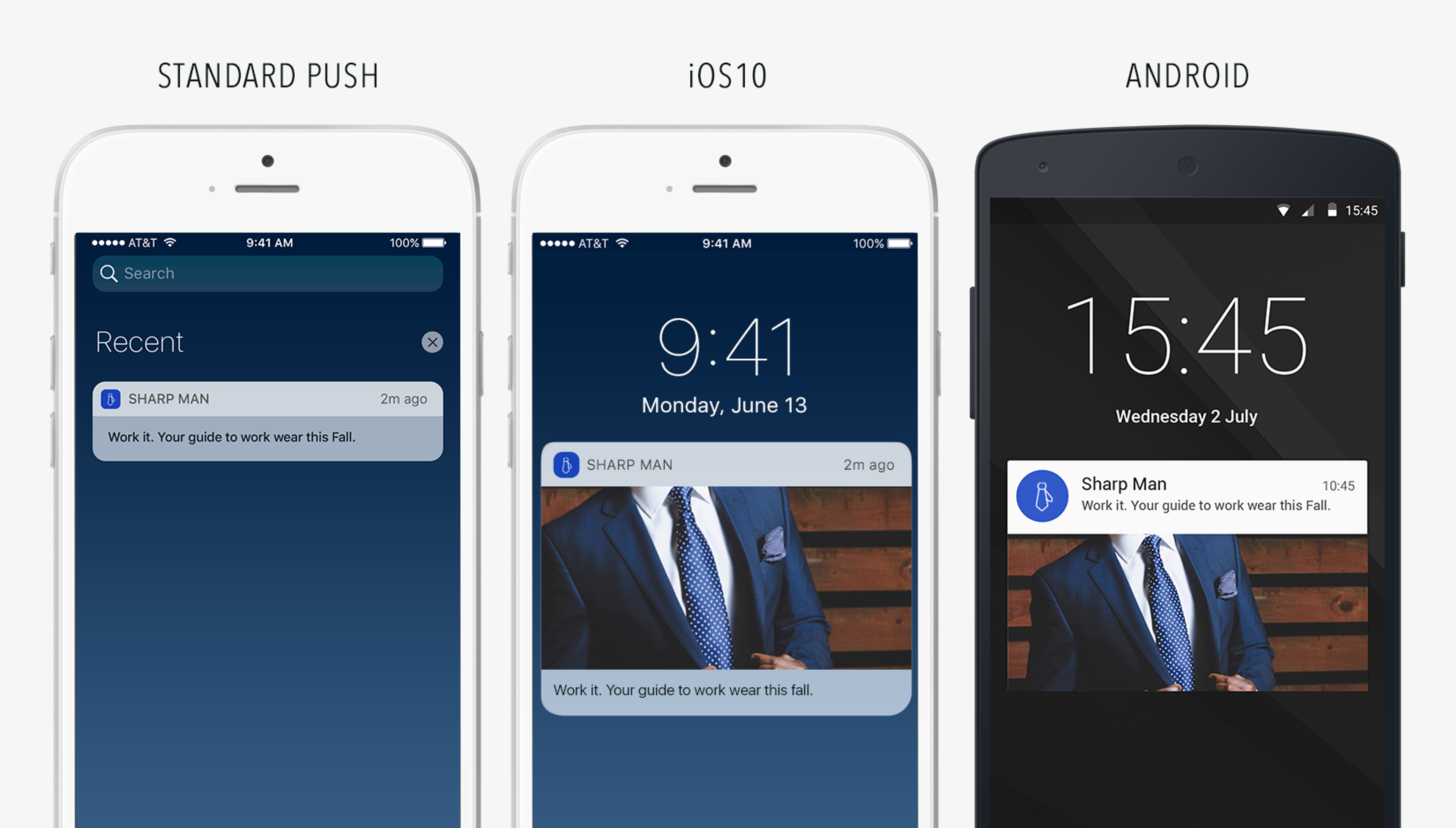 Three smartphone screens displaying notification styles: a standard push notification, an iOS 10 notification, and an Android notification, all featuring a message about a guide for fall fashion.