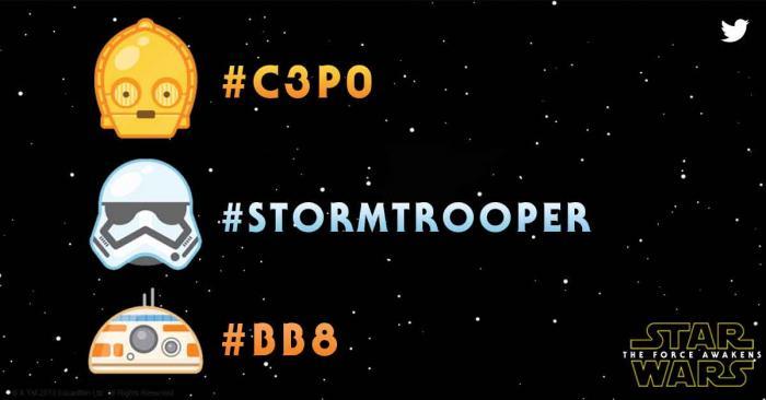 Three emojis representing characters from Star Wars: C-3PO, a Stormtrooper, and BB-8, with a starry background and the Star Wars logo at the bottom.