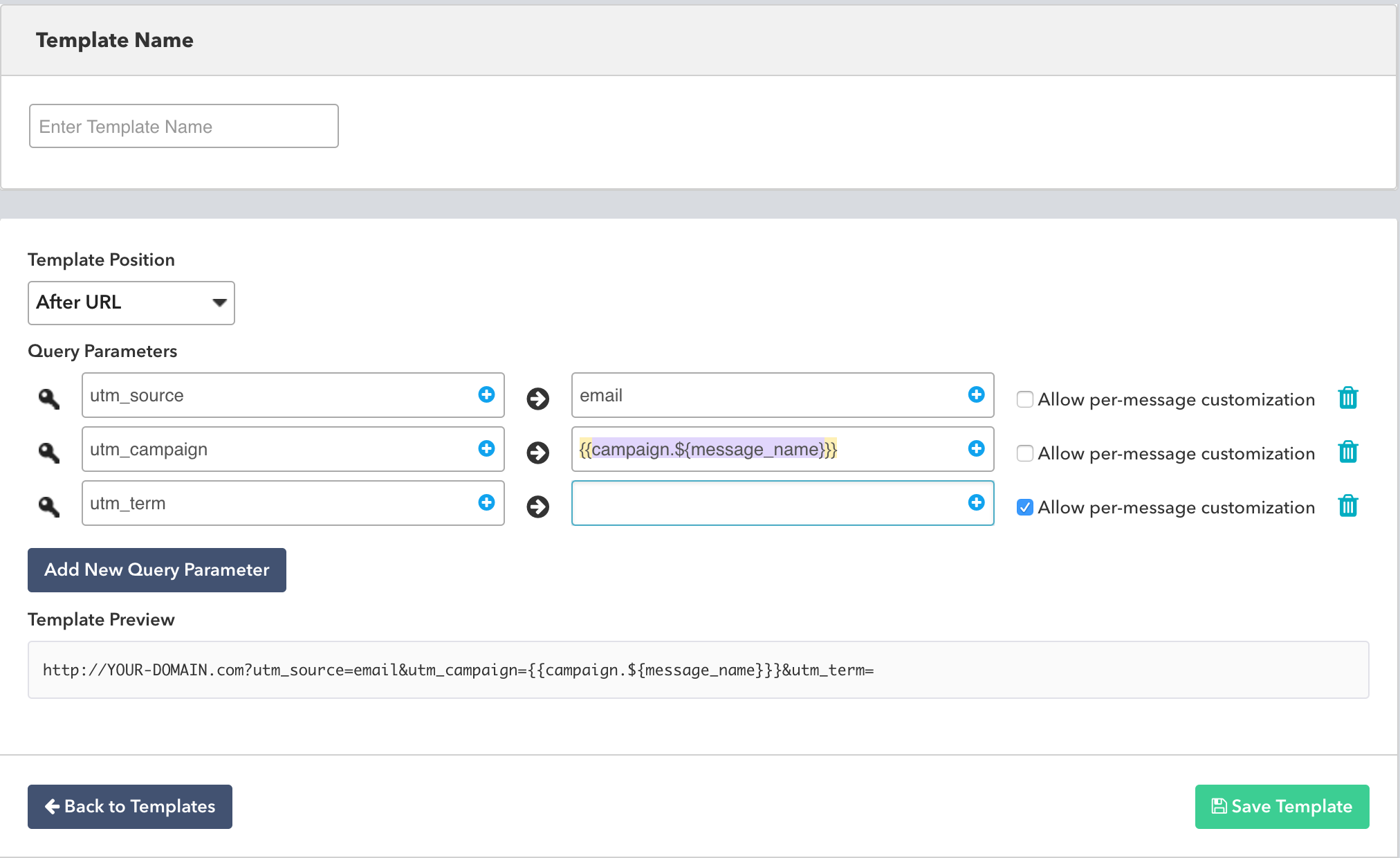 A user interface displaying a template name input field and query parameters for a URL. The template preview shows a sample URL with UTM parameters for tracking.