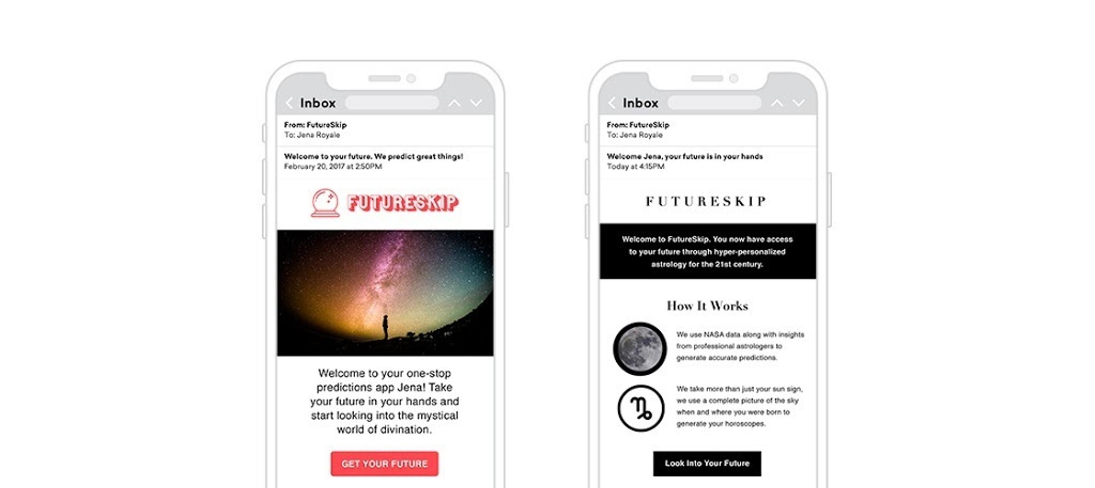 Two smartphone screens displaying an email from "Futureskip" about future predictions and divination. The email includes a welcome message and a call-to-action button labeled "GET YOUR FUTURE.