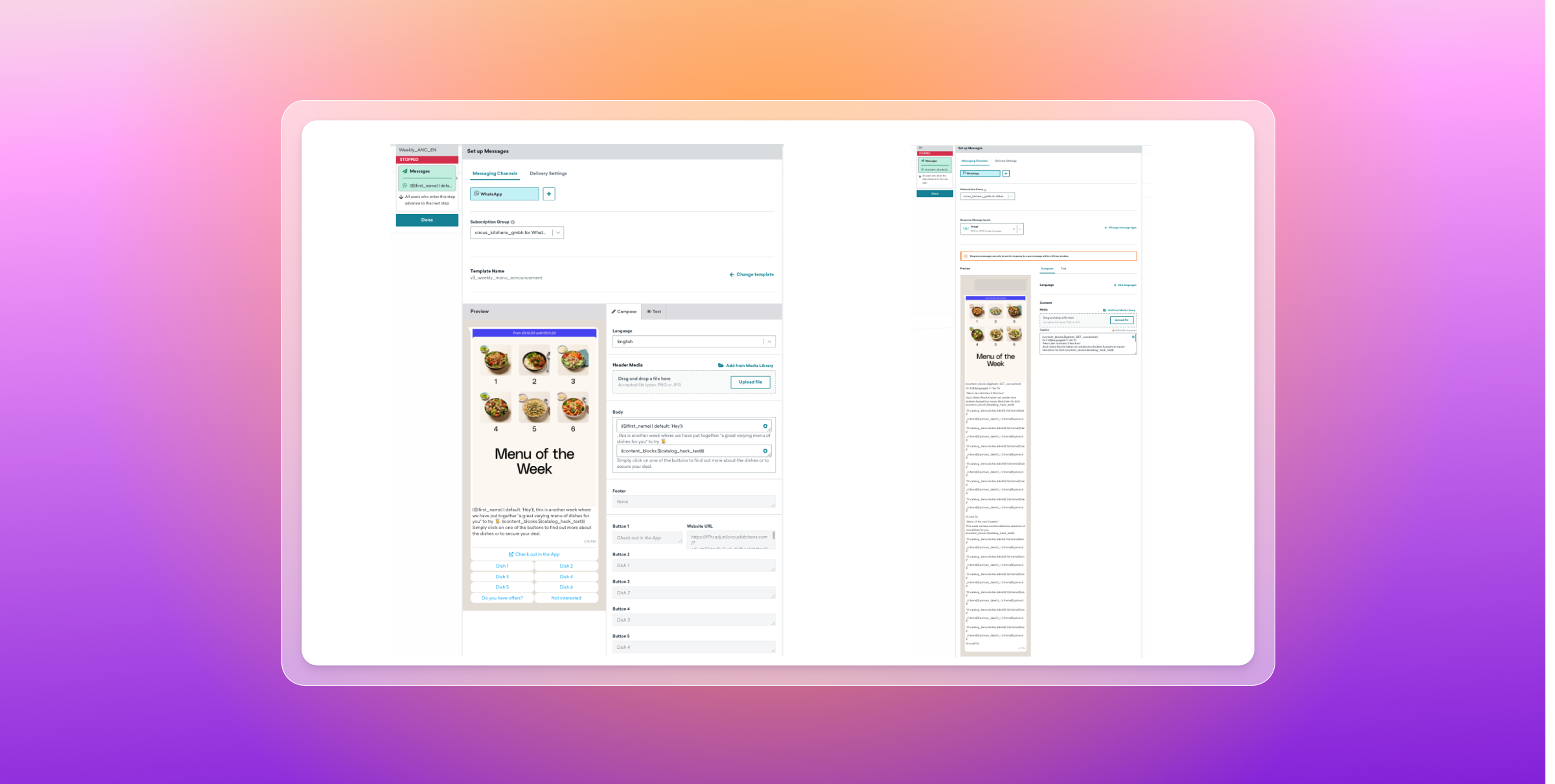 Side-by-side screenshots of a message setup interface showing a “Menu of the Week” email preview and its configuration fields, framed by a pink, orange, and purple gradient.