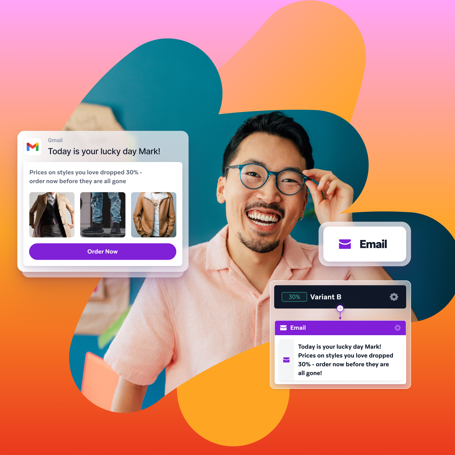 a man is smiling in front of an email that says today is your lucky day mark