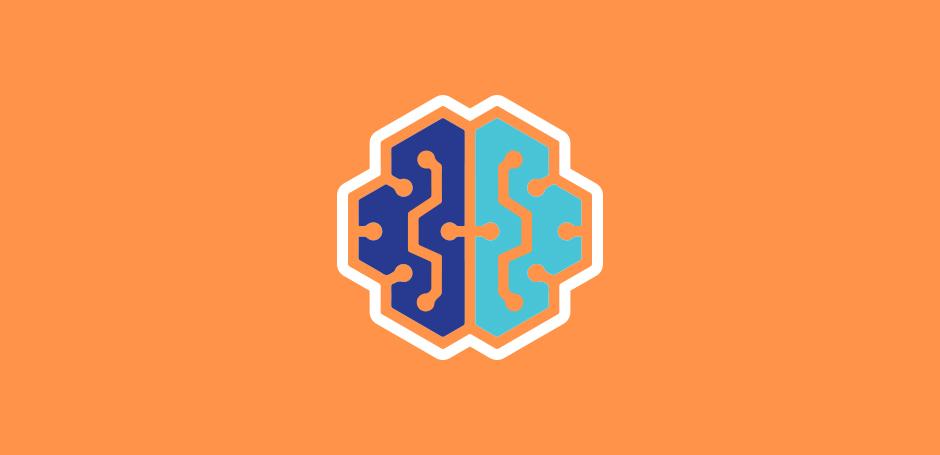 A stylized brain icon divided into two halves, one in blue and the other in light blue, set against an orange background. The design features circuit-like patterns within the brain.
