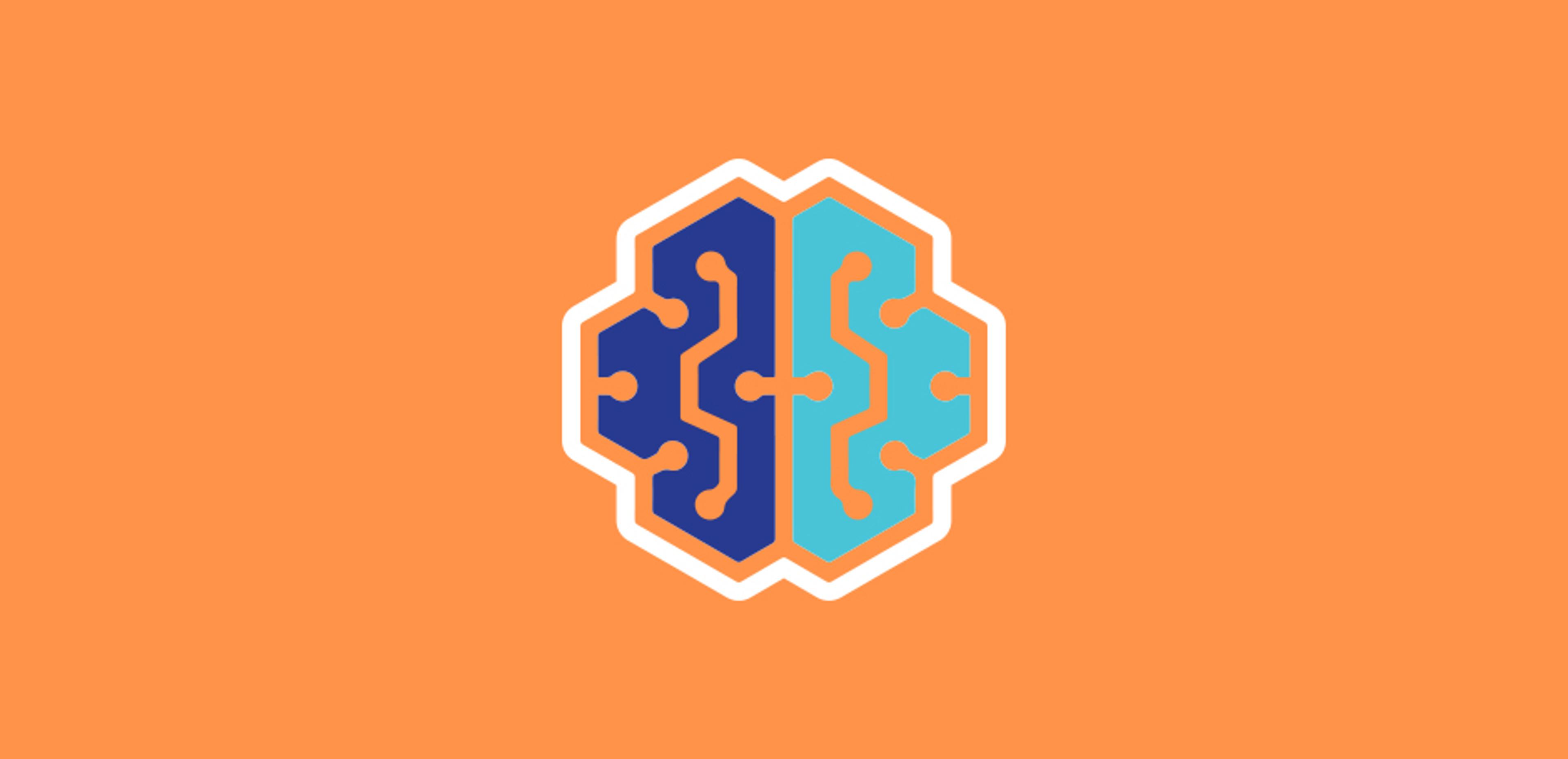 A stylized brain icon divided into two halves, one in blue and the other in light blue, set against an orange background. The design features circuit-like patterns within the brain.