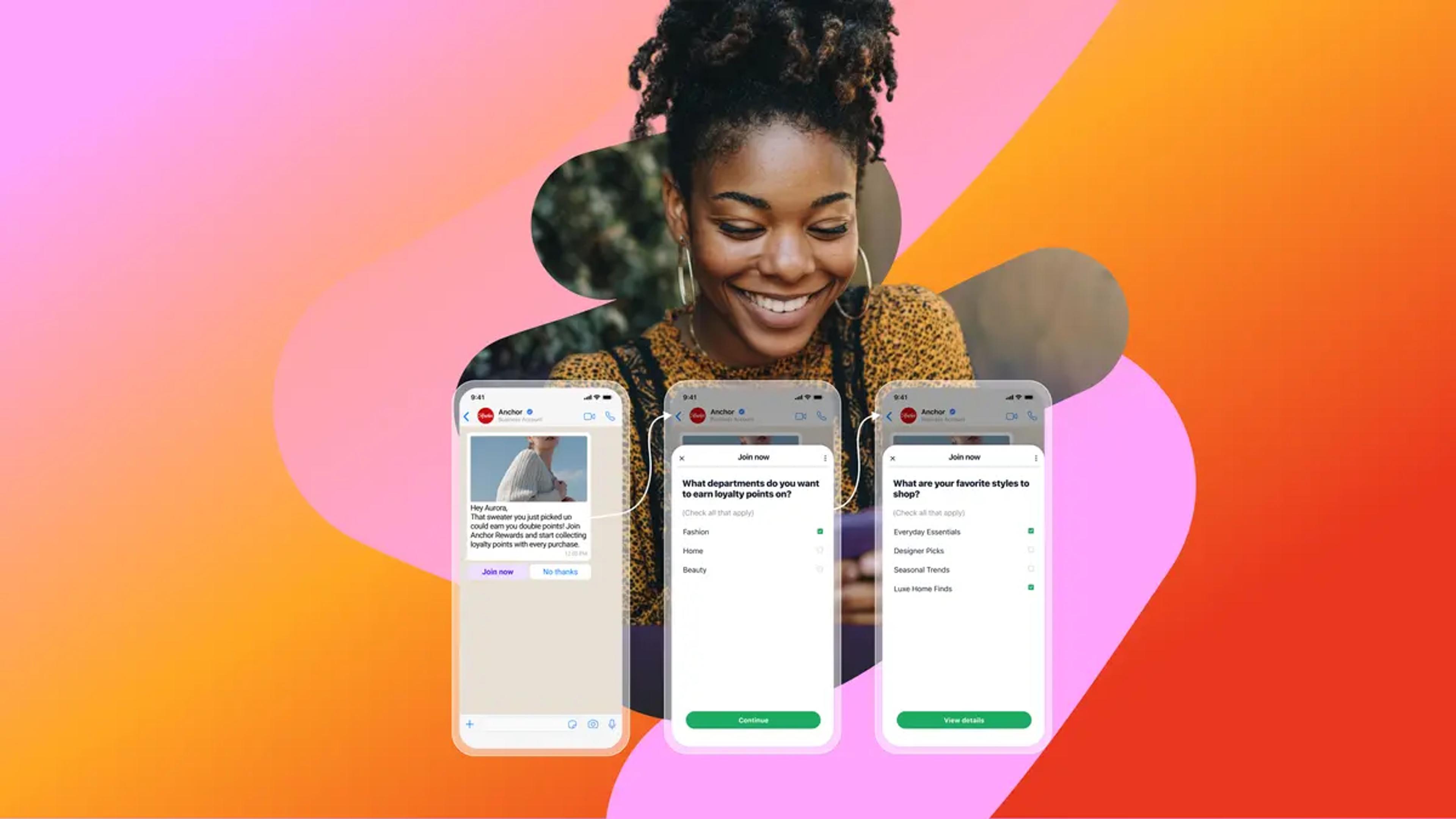 Uma mulher negra sorridente observa três telas de celular sobrepostas, exibindo um chat de um programa de fidelidade, com opções para acumular pontos e selecionar estilos favoritos.