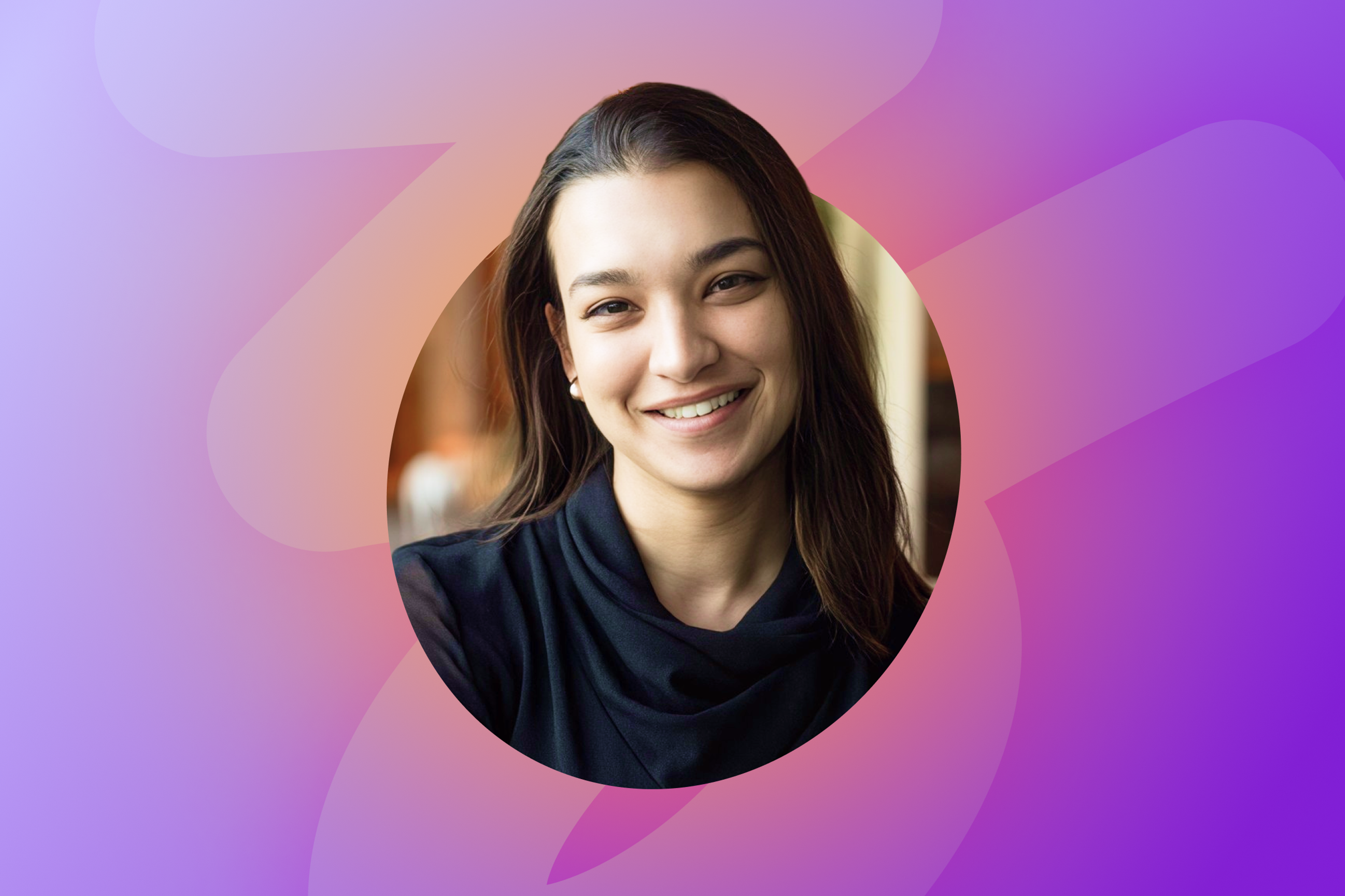 Portrait of a smiling woman with long dark hair against an abstract pink and purple background.