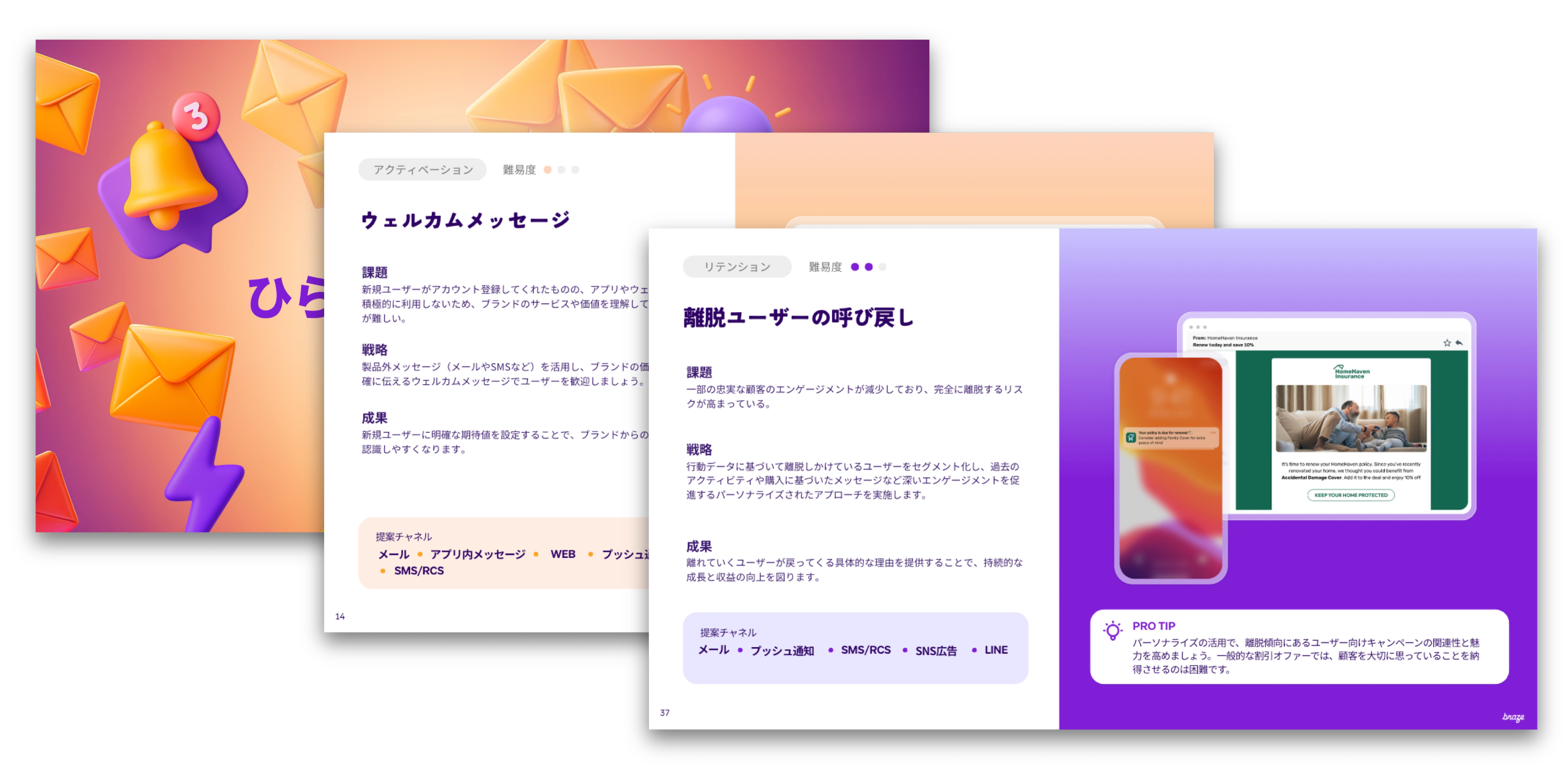 Digital marketing presentation slides in Japanese, showing messaging illustrations, a smartphone, and a web browser.