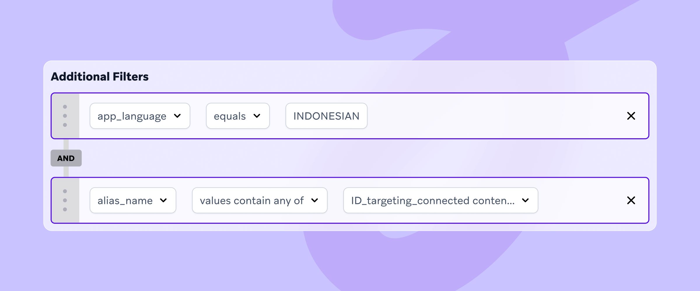 a screen showing additional filters including app language and indonesian