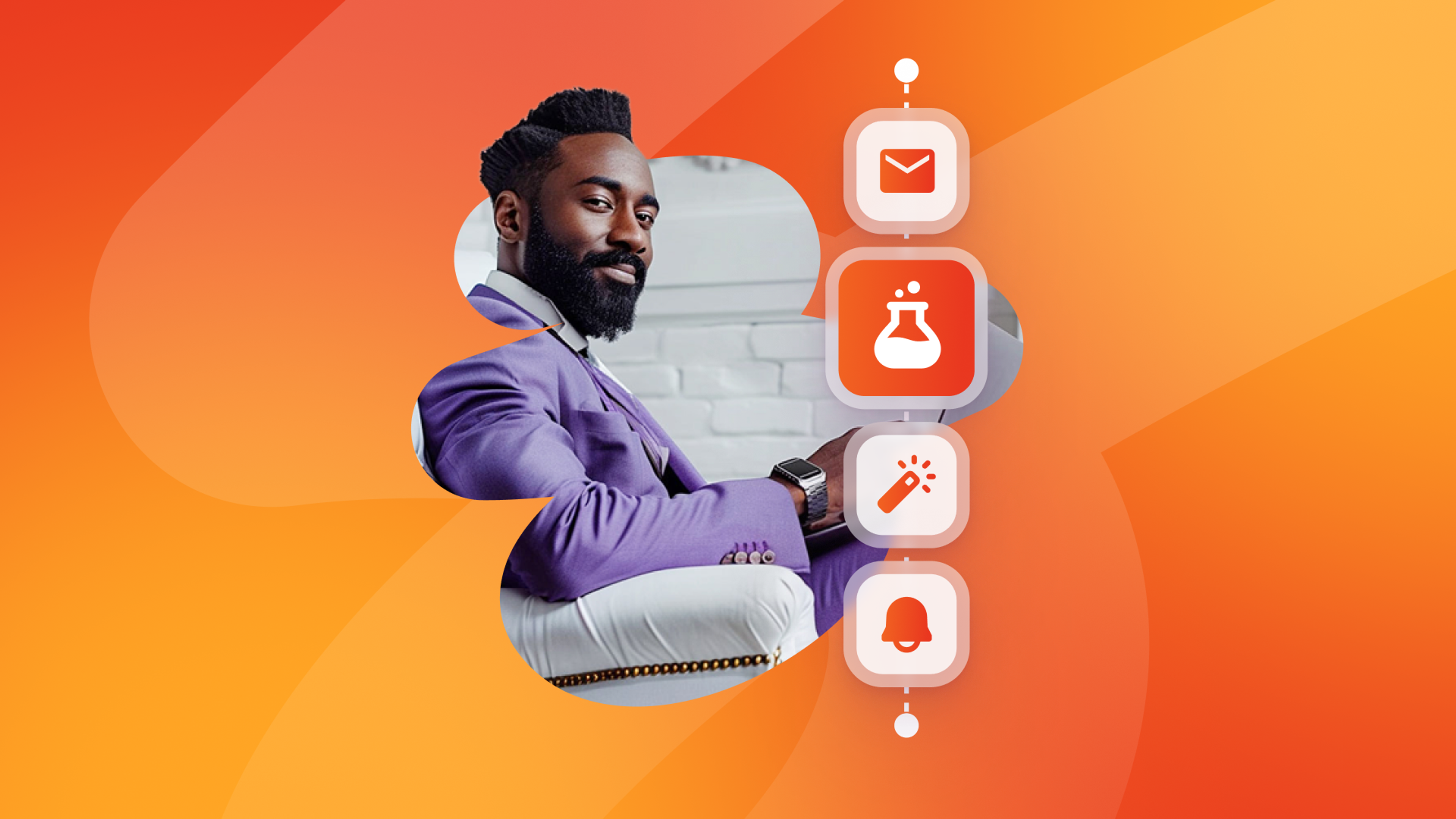 A stylish Black man in a purple suit, with a vertical infographic showing email, flask, magic wand, and bell icons on an orange background.