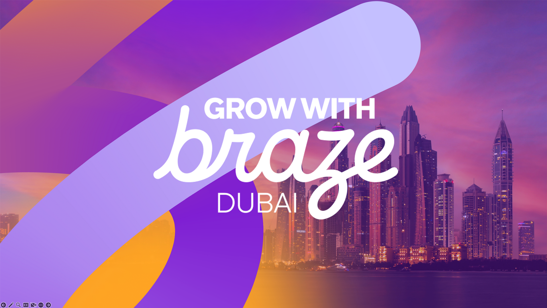 A vibrant image of the Dubai skyline at dusk with abstract purple and orange shapes. Text reads "GROW WITH braze DUBAI".
