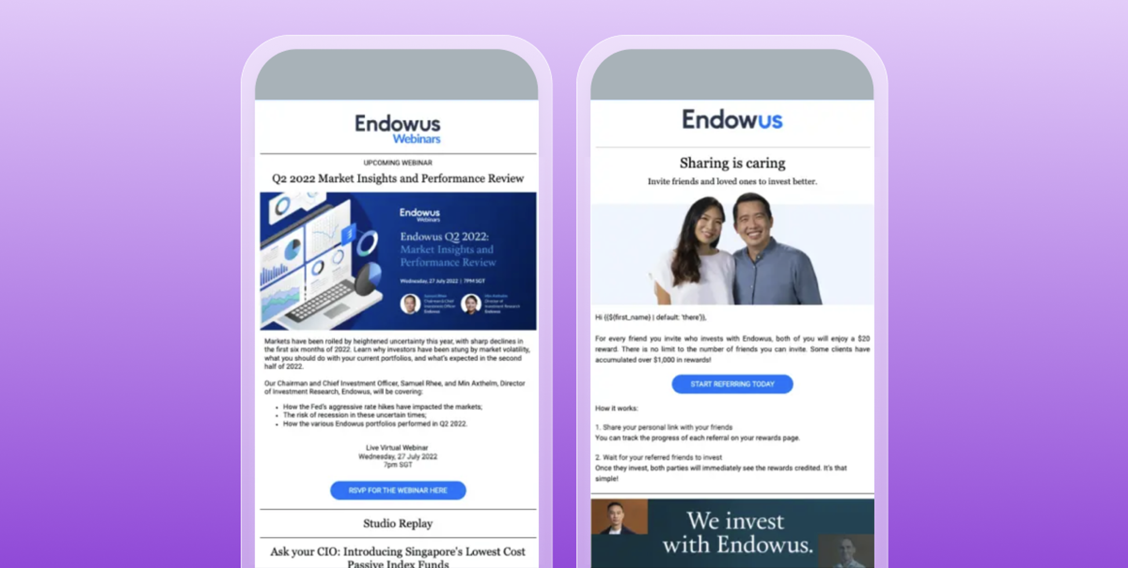 a couple of endows emails on a purple background
