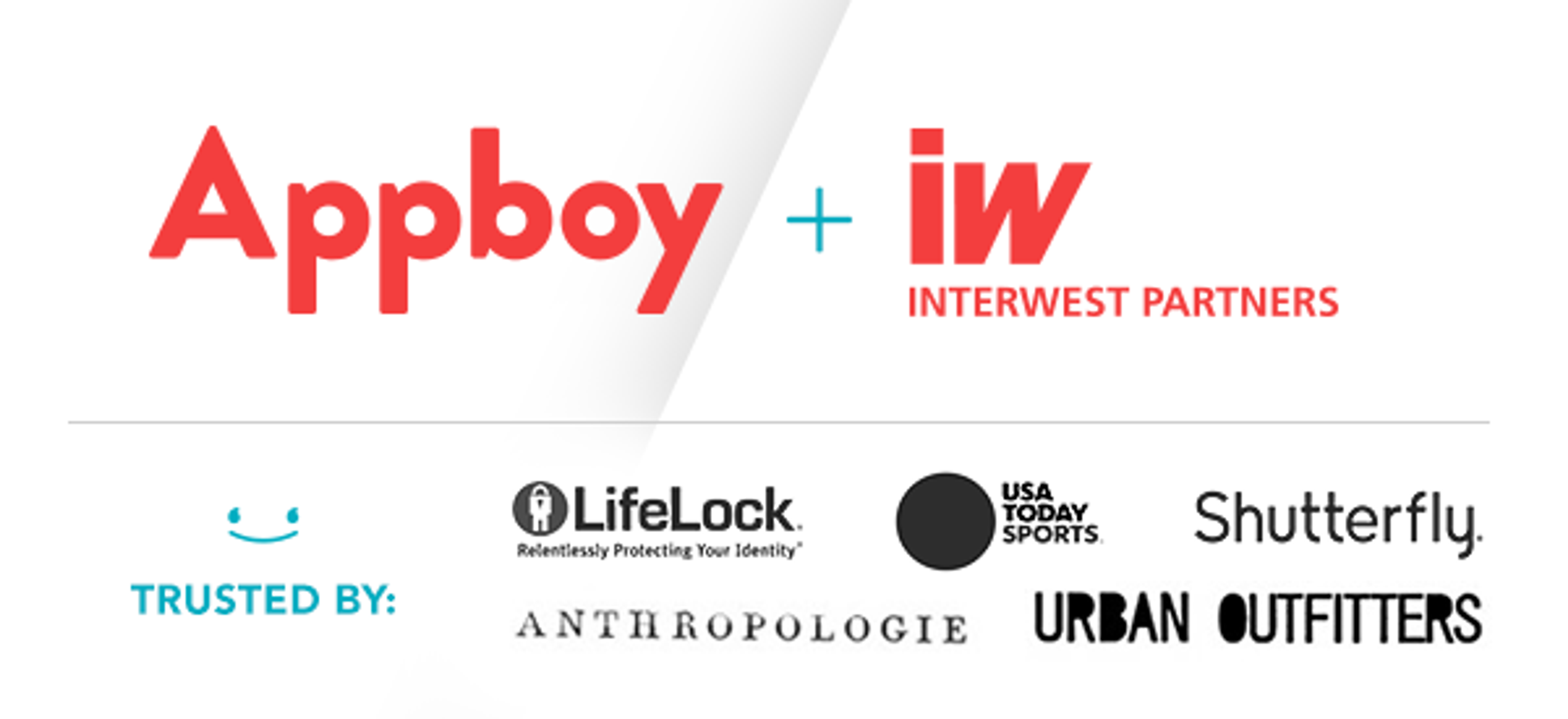 Logo of Appboy and Interwest Partners, with a list of trusted brands including LifeLock, Anthropologie, USA Today Sports, Shutterfly, and Urban Outfitters.