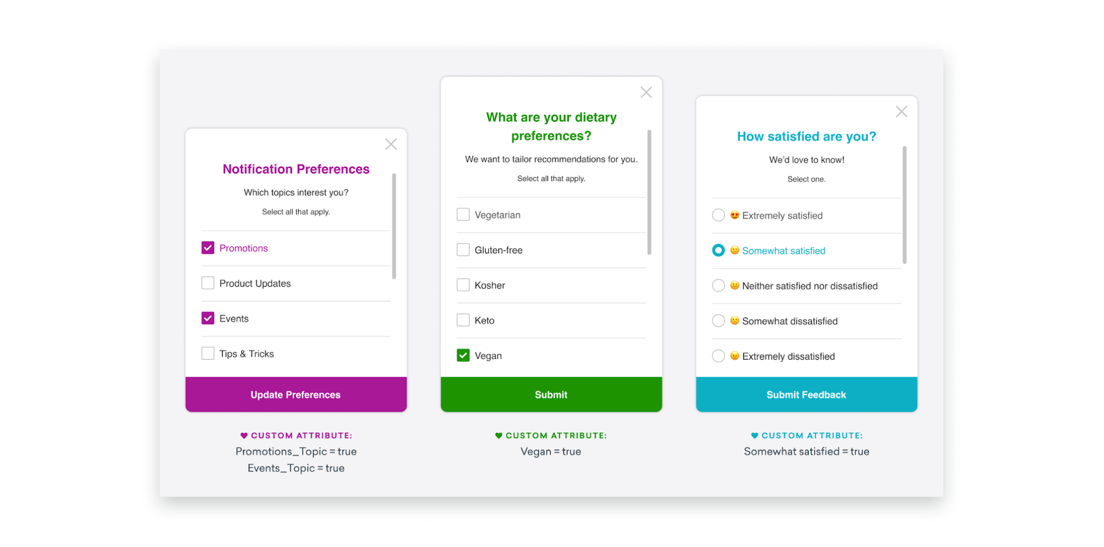 Three forms for user preferences: Notification preferences with options for promotions, product updates, and events; dietary preferences including vegetarian, gluten-free, kosher, and vegan; and a satisfaction survey with options ranging from "extremely satisfied" to "dissatisfied.