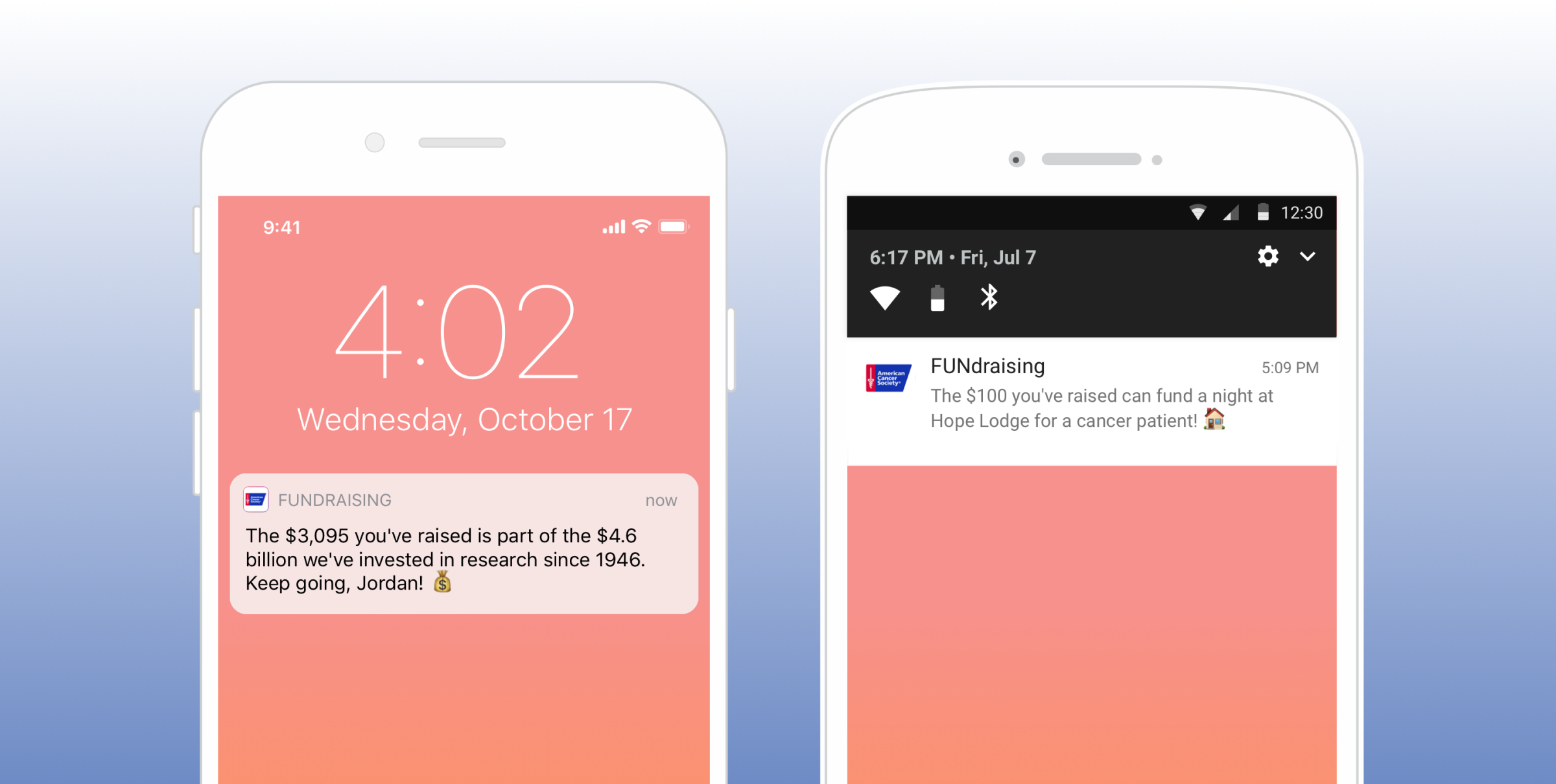Two smartphone screens displaying notifications. The left screen shows a fundraising message about contributions to cancer research, while the right screen has a notification about a fundraising event.