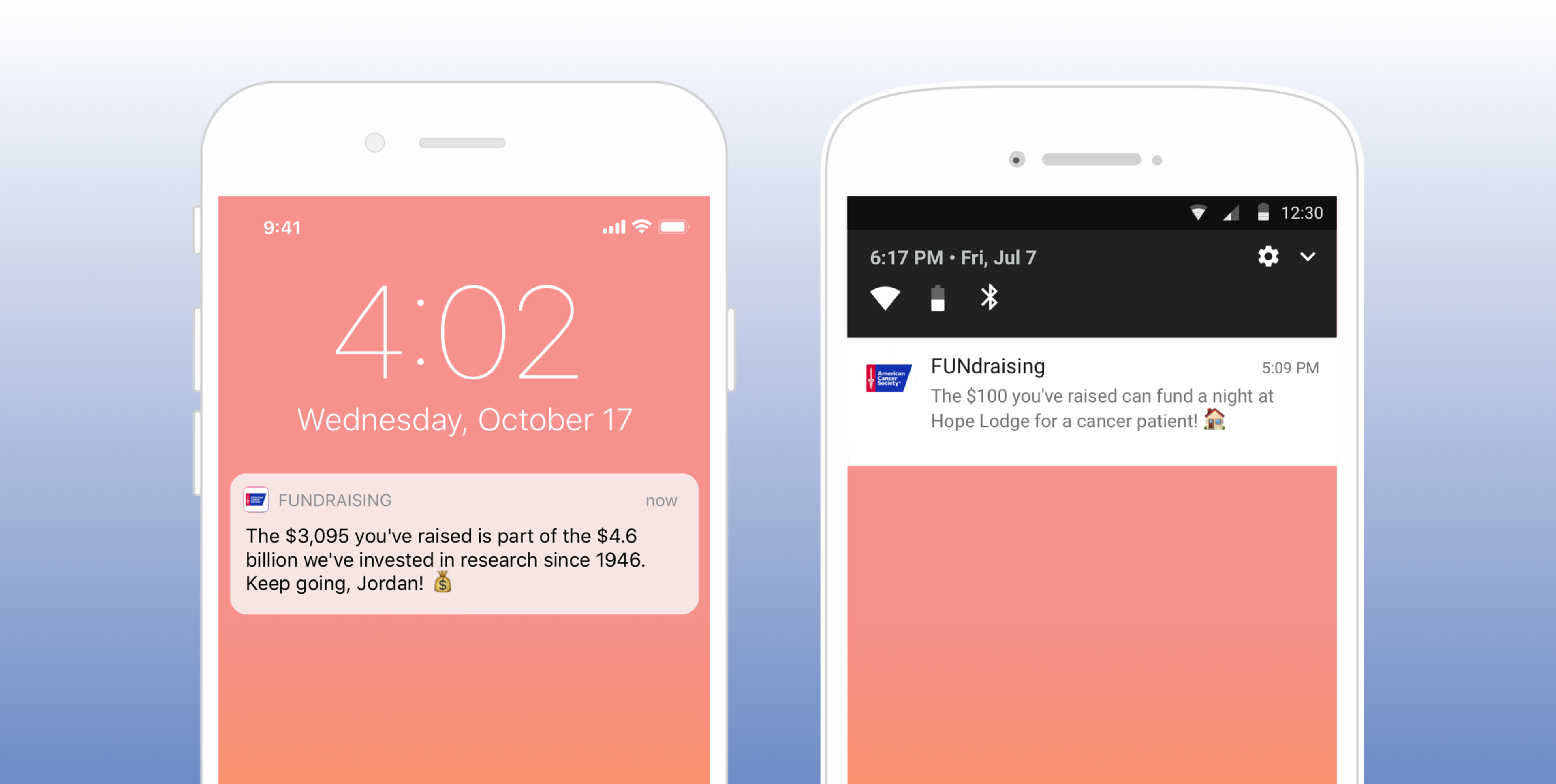 Two smartphone screens displaying notifications. The left screen shows a fundraising message about contributions to cancer research, while the right screen has a notification about a fundraising event.