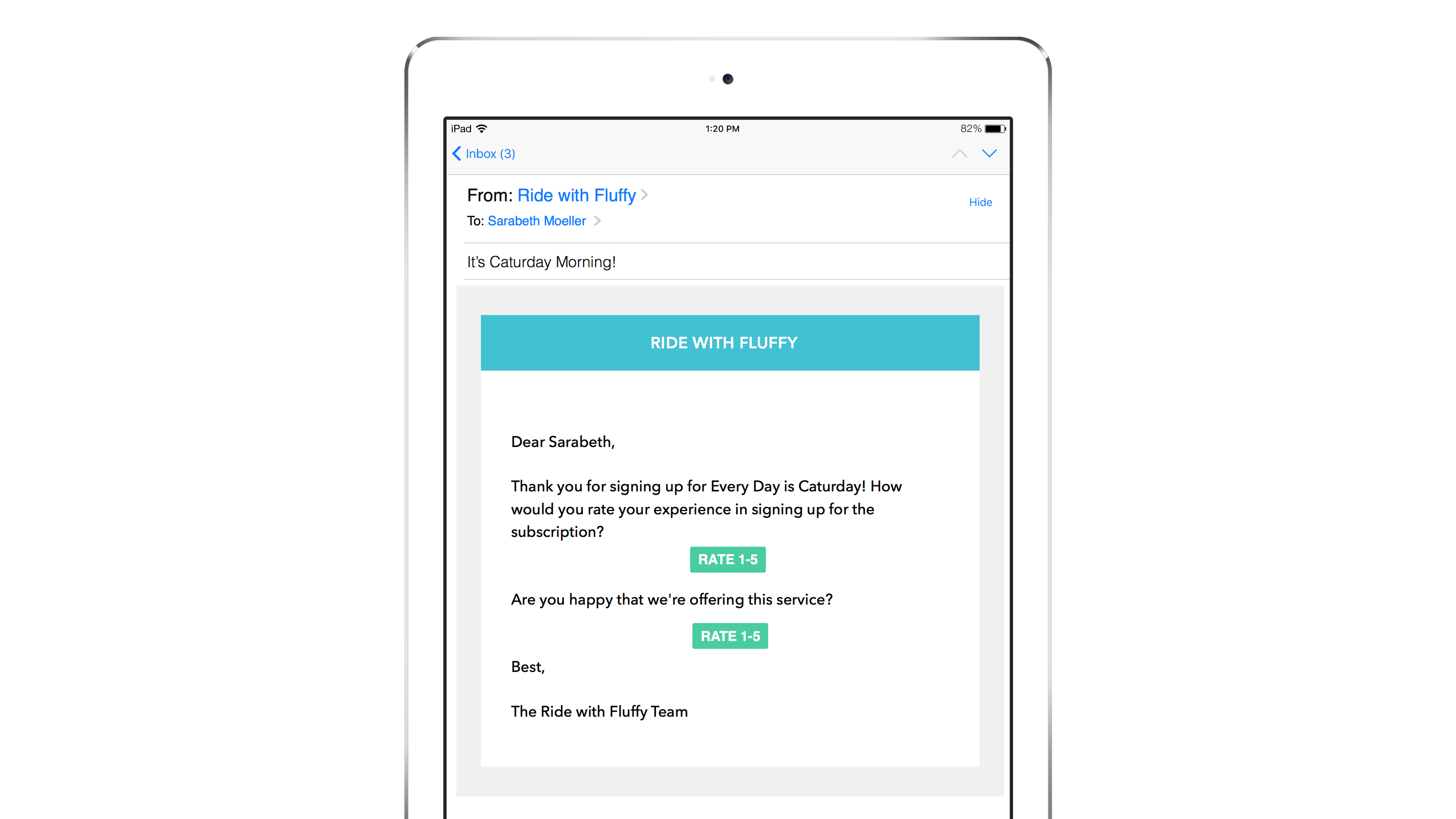 An email on a tablet screen thanking the recipient for signing up for a service called "Every Day is Caturday" and asking for feedback on their experience. The email includes a rating prompt.