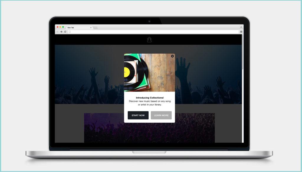 A laptop screen displays a music collection feature with a pop-up introducing it. The pop-up includes options to "Start Now" and "Learn More.