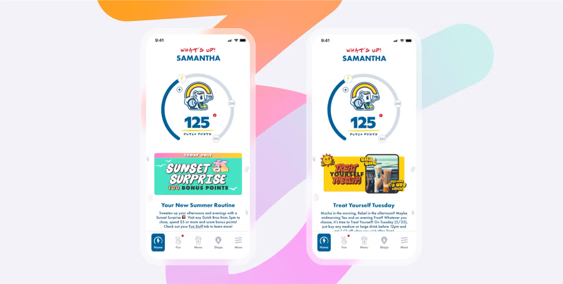 Two smartphone screens display a colorful rewards app dashboard greeting Samantha, showing 125 points and promotional offers.