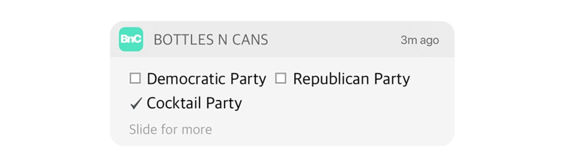 A notification from an app showing options for political parties, with the Cocktail Party selected. There are checkboxes for the Democratic Party, Republican Party, and Cocktail Party.