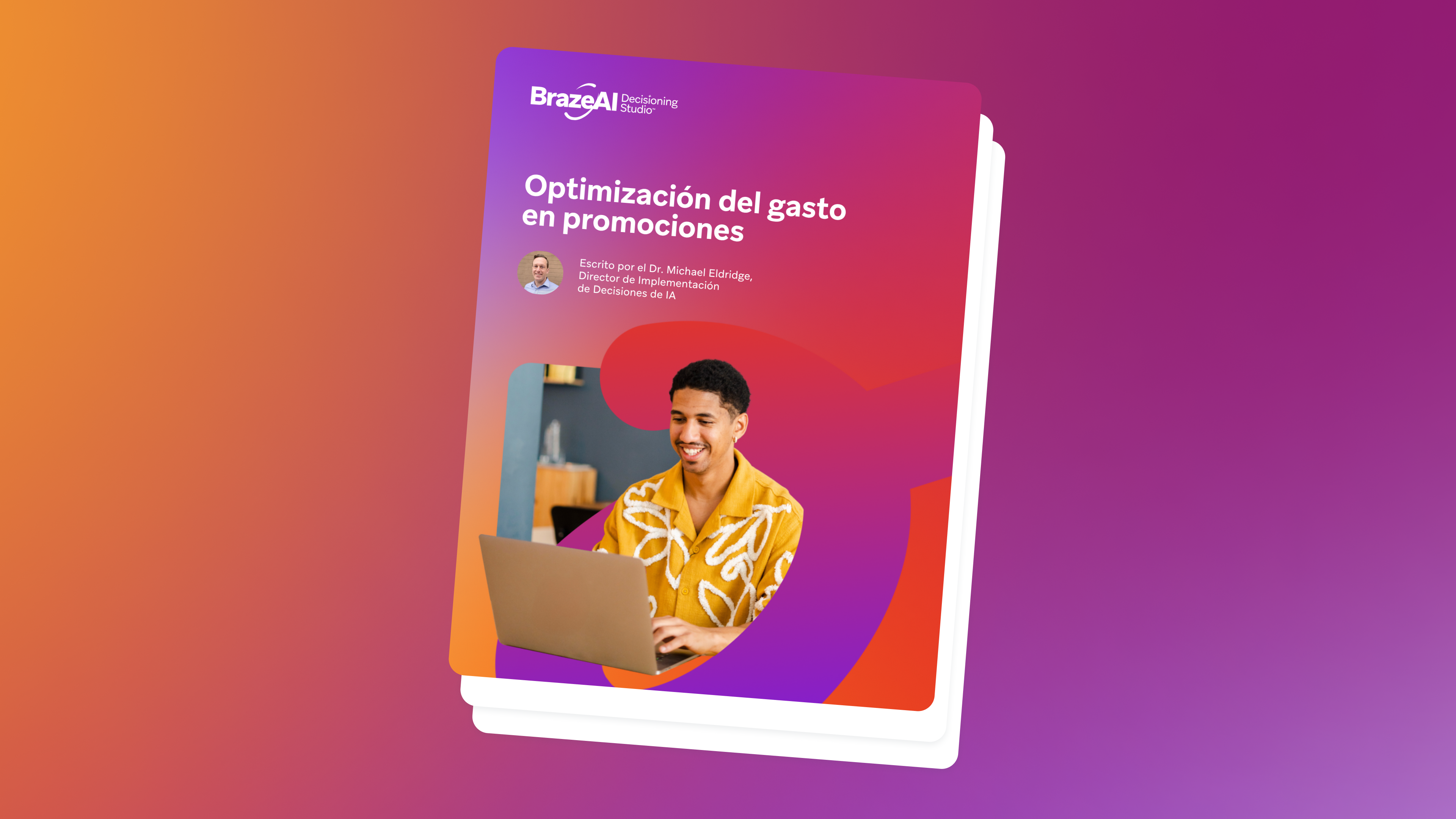 Cover of an e-book titled 'Optimización del gasto en promociones' (Optimization of spending on promotions), featuring a smiling man using a laptop.