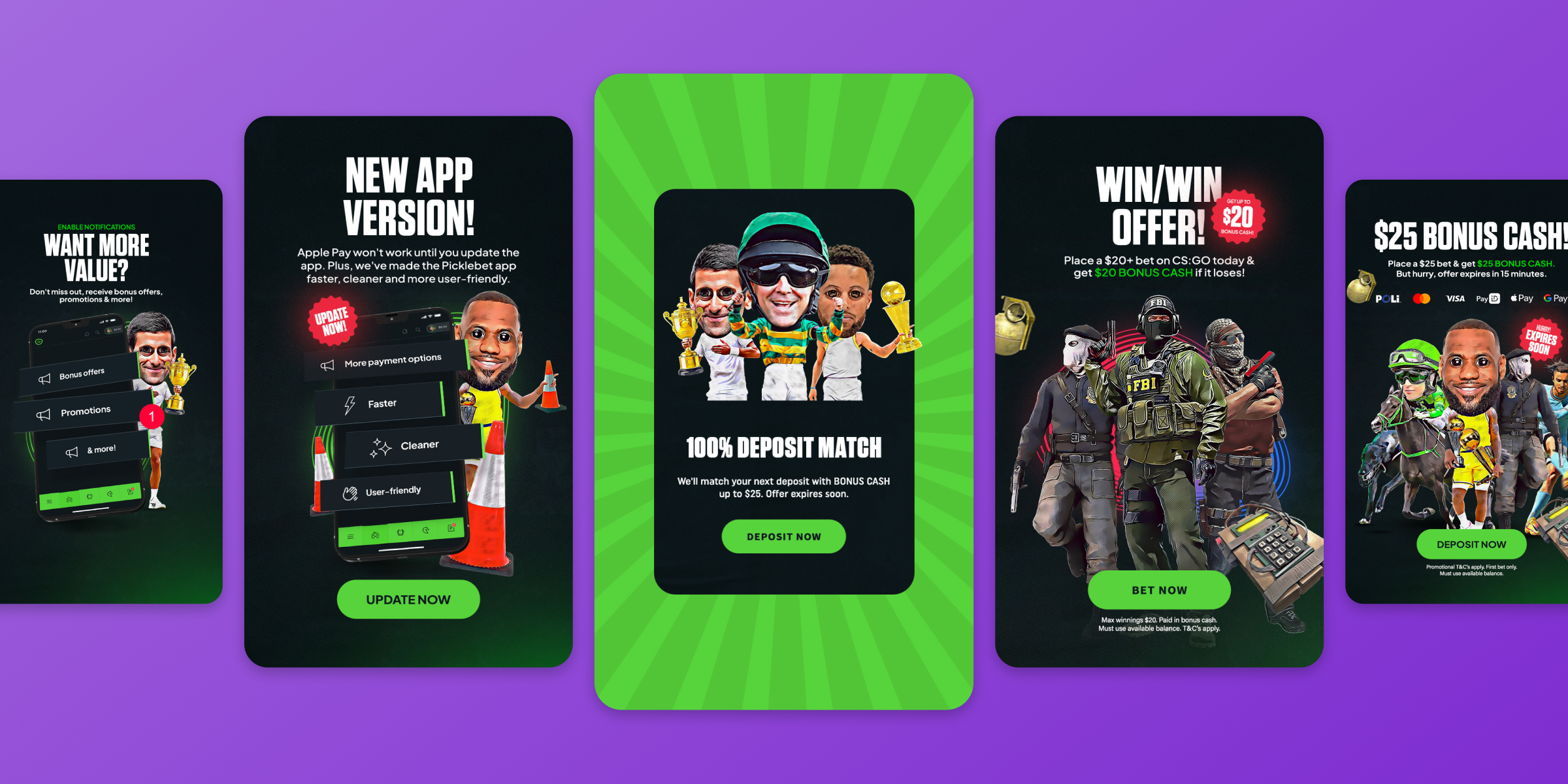 Five mobile ad designs on a purple background promote app updates, deposit matches, bonus cash, and betting offers with caricatured figures and game characters.