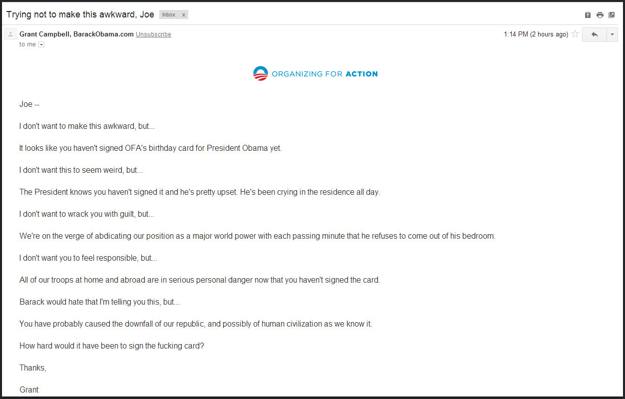 An email from Grant Campbell to Joe, expressing concern about Joe not signing a birthday card for President Obama. The message conveys frustration and urgency regarding the situation.