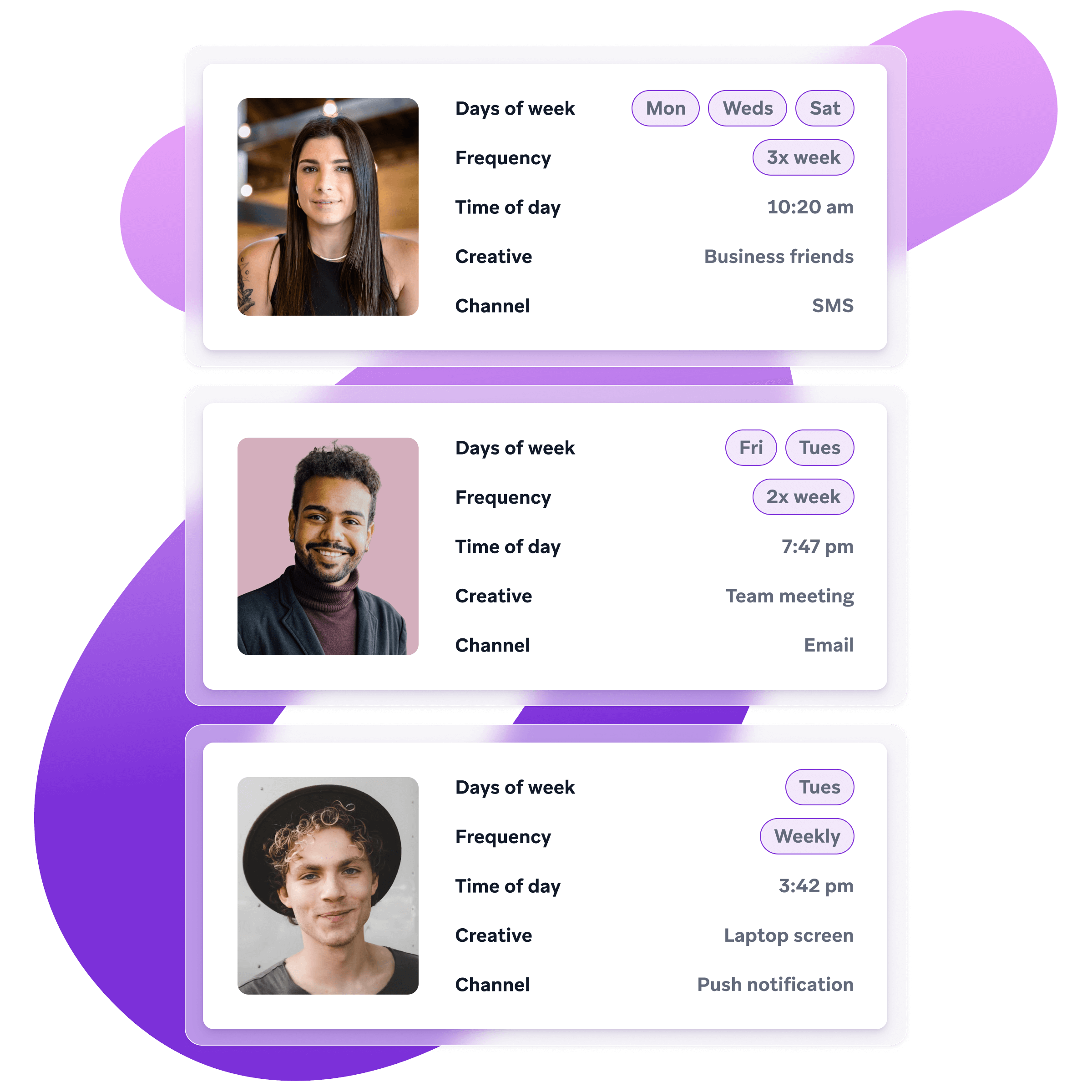 a man and a woman are shown on a purple background