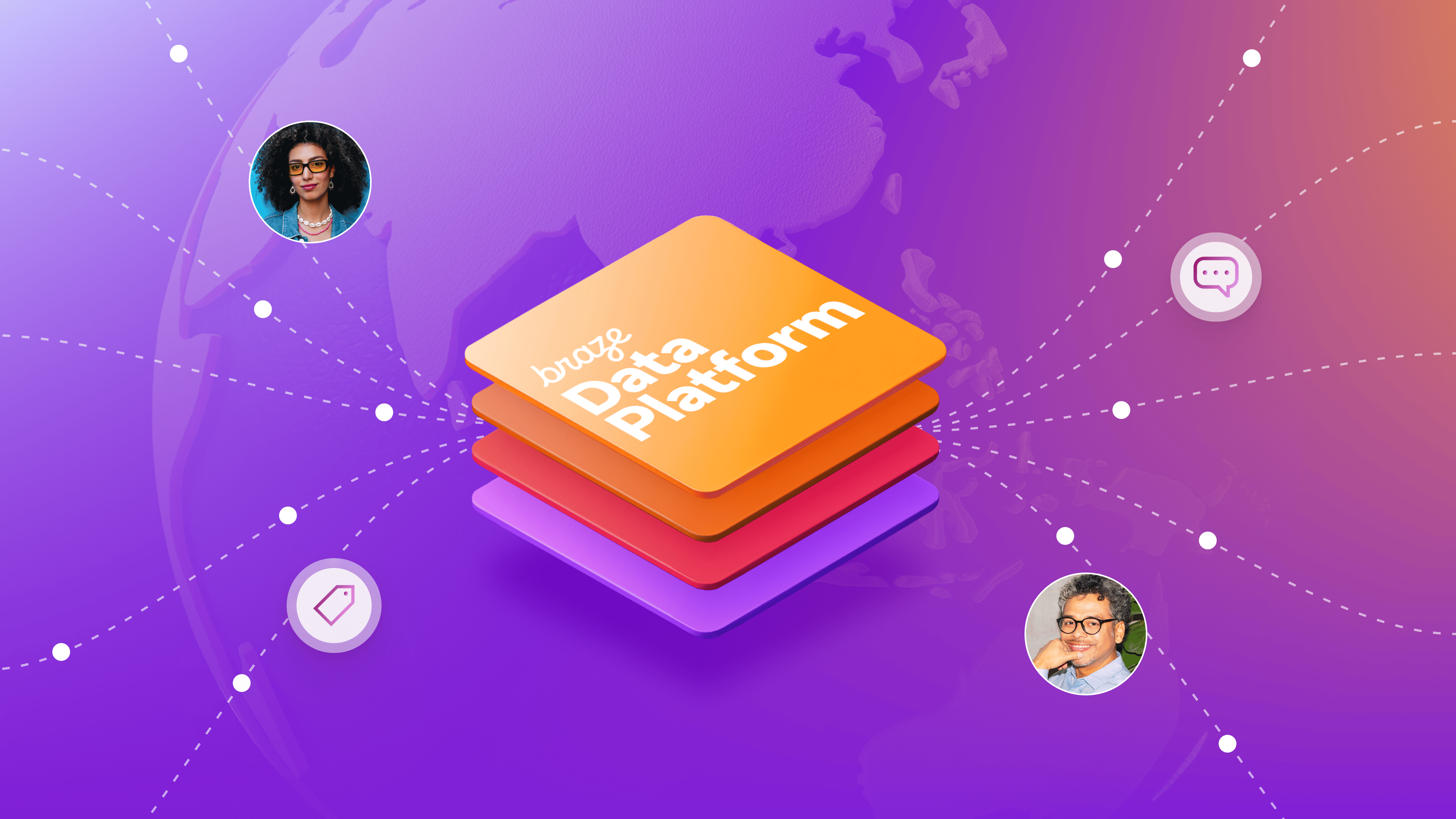 Braze Data Platform, depicted as a colorful stack of layers, connecting via dotted lines to two user profiles, a price tag, and a chat bubble icon, on a globe-patterned gradient background.