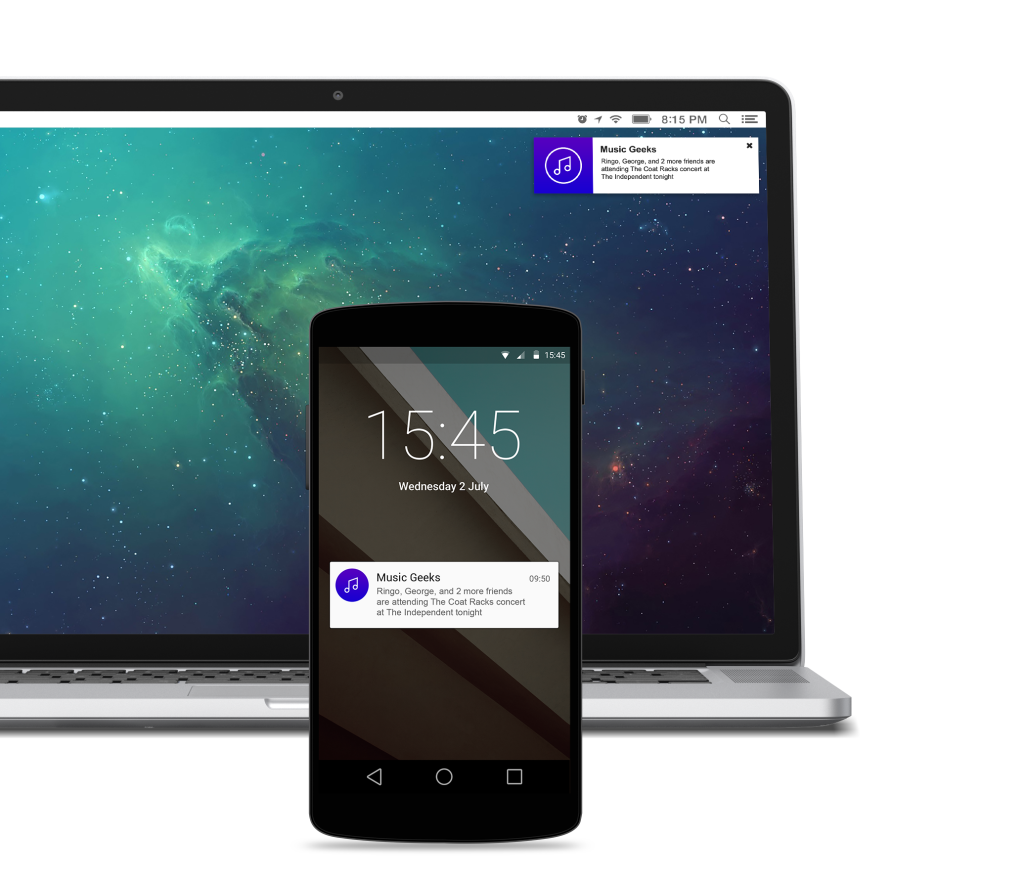 A smartphone displaying a notification from the "Music Geeks" app in front of a laptop with a colorful galaxy background. The time on the phone shows 15:45 on Wednesday, July 2.