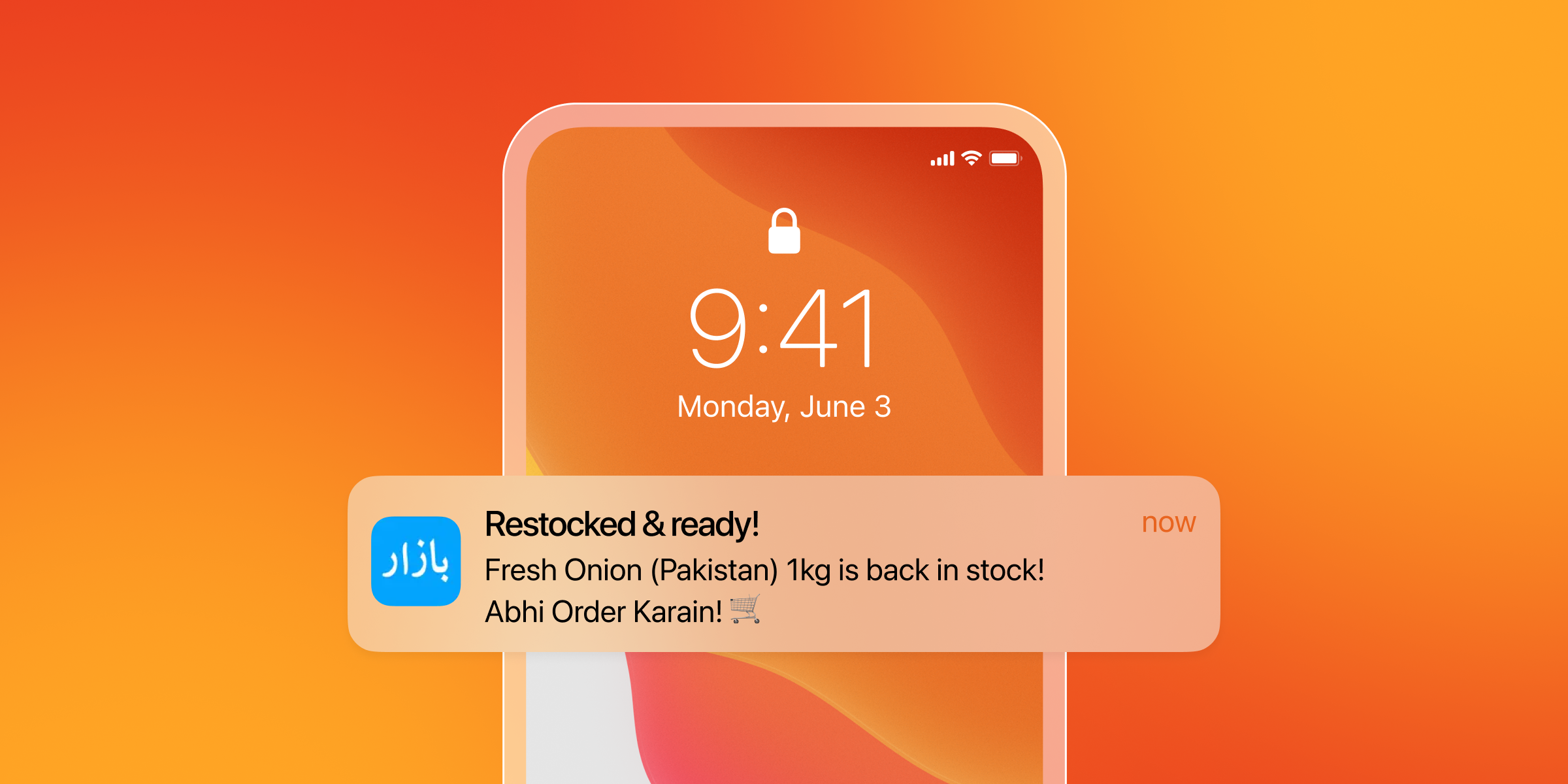 Smartphone screen showing a "Bazaar" app notification for "Fresh Onion (Pakistan) 1kg back in stock."