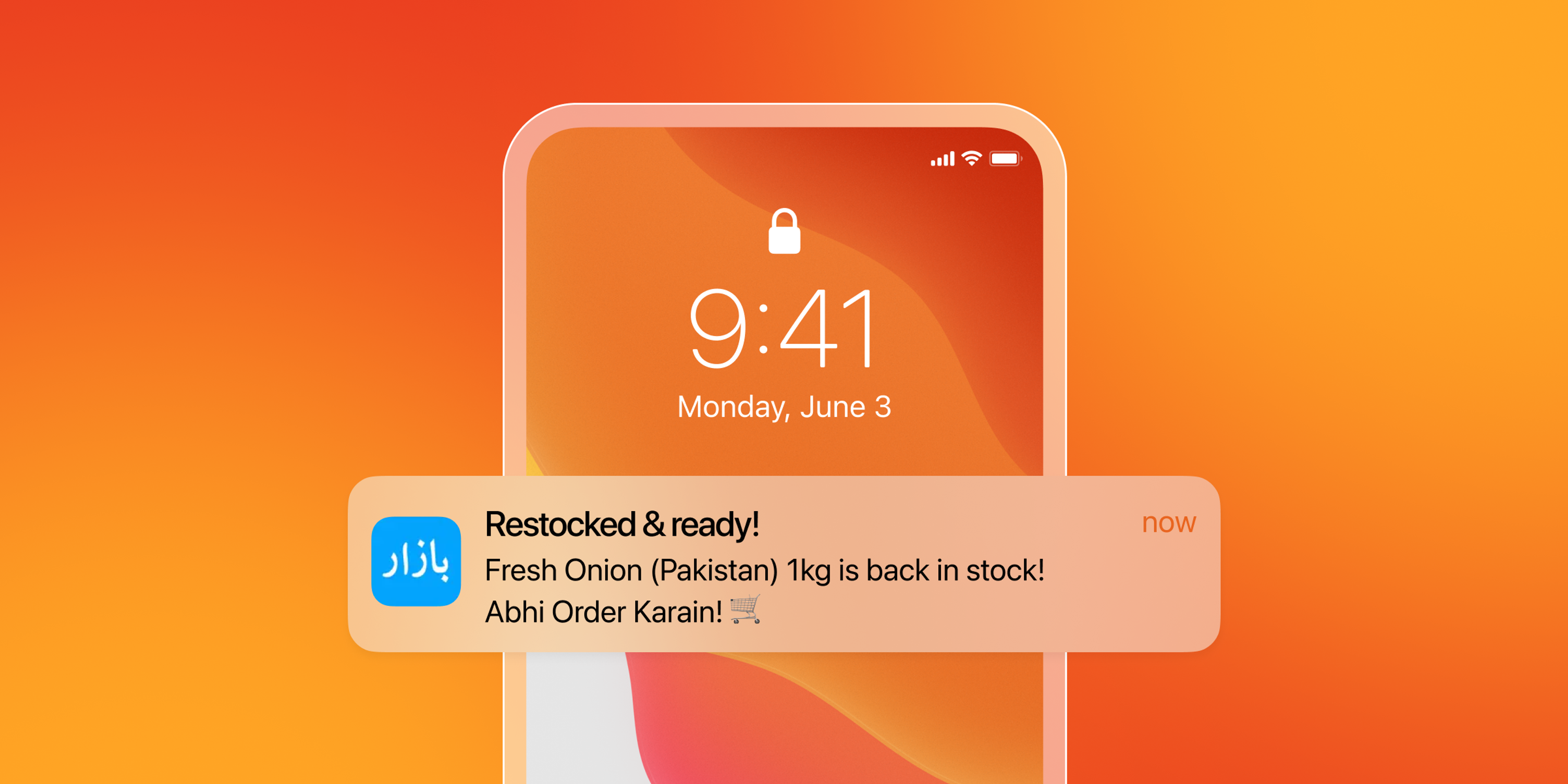 Smartphone screen showing a "Bazaar" app notification for "Fresh Onion (Pakistan) 1kg back in stock."