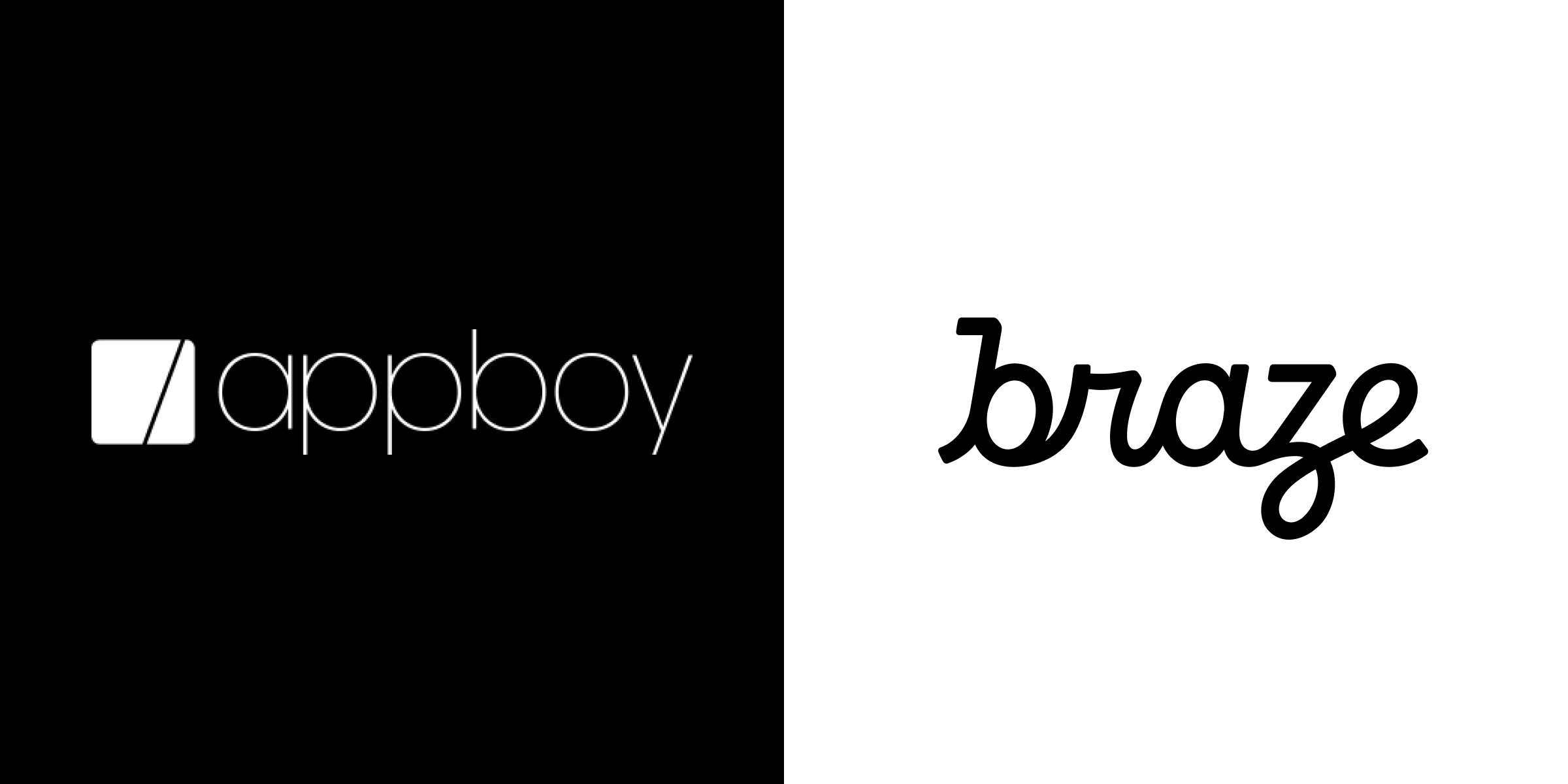 The image features two logos side by side: the left logo is "appboy" in a modern font on a black background, and the right logo is "braze" in a cursive style on a white background.