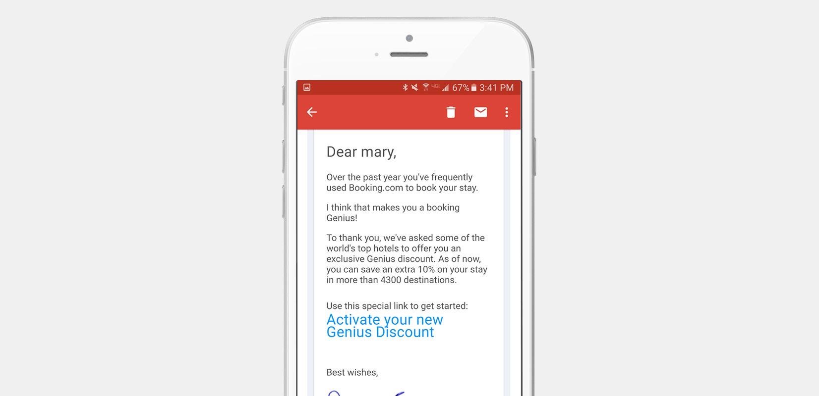 An email on a smartphone screen addressing a user named Mary, thanking her for using Booking.com and offering a Genius Discount for hotel bookings.