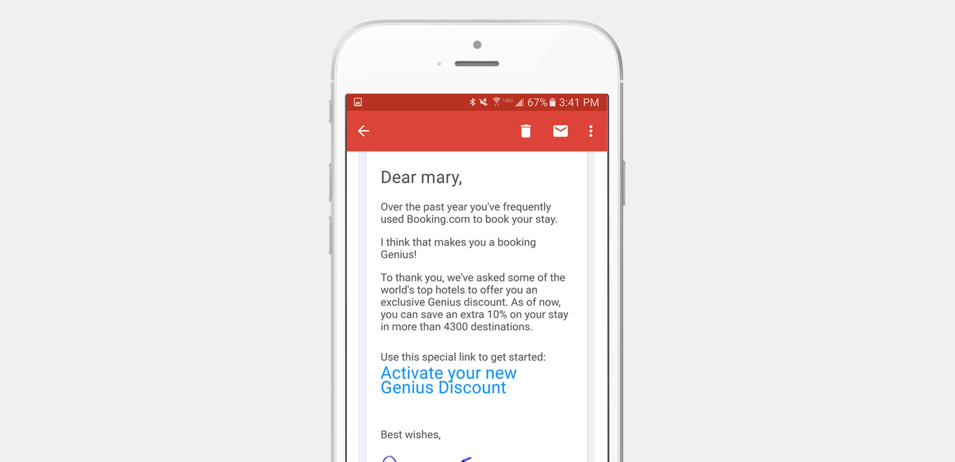 An email on a smartphone screen addressing a user named Mary, thanking her for using Booking.com and offering a Genius Discount for hotel bookings.