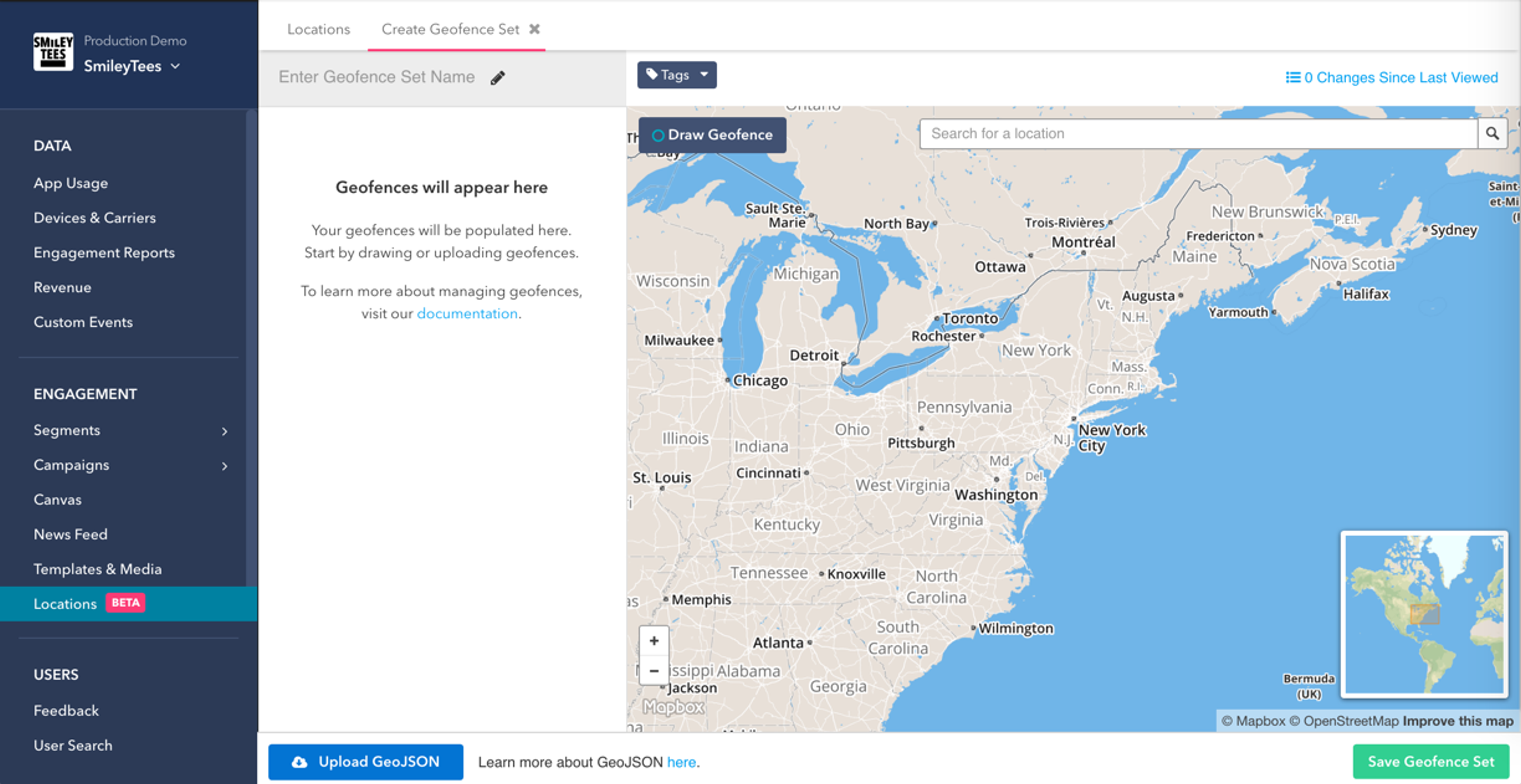 A map of the eastern United States with a sidebar for creating geofences. The map shows various states and locations, with options for managing geofences.
