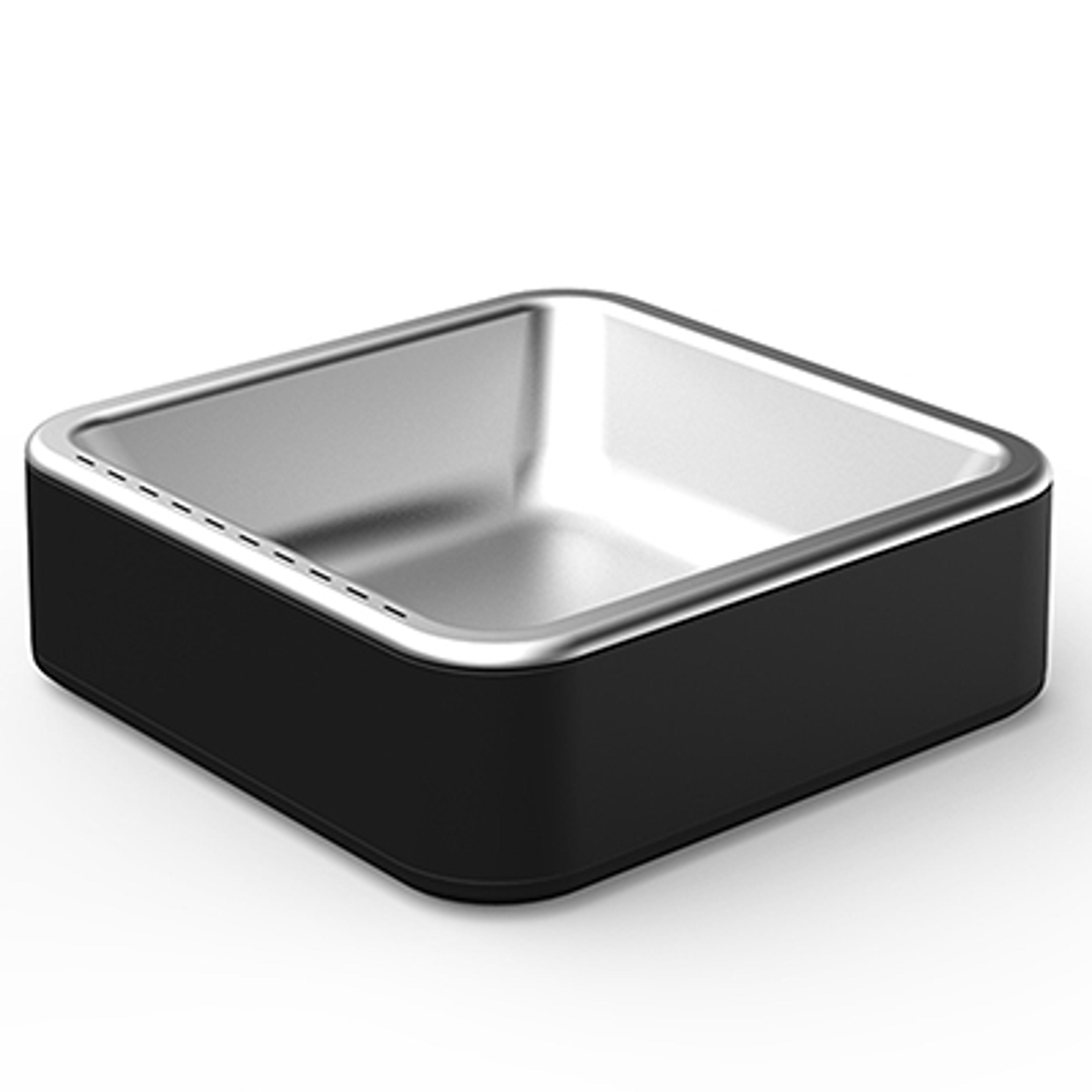 A square metal bowl with a shiny interior and a matte black exterior. The bowl has a smooth design with rounded edges.