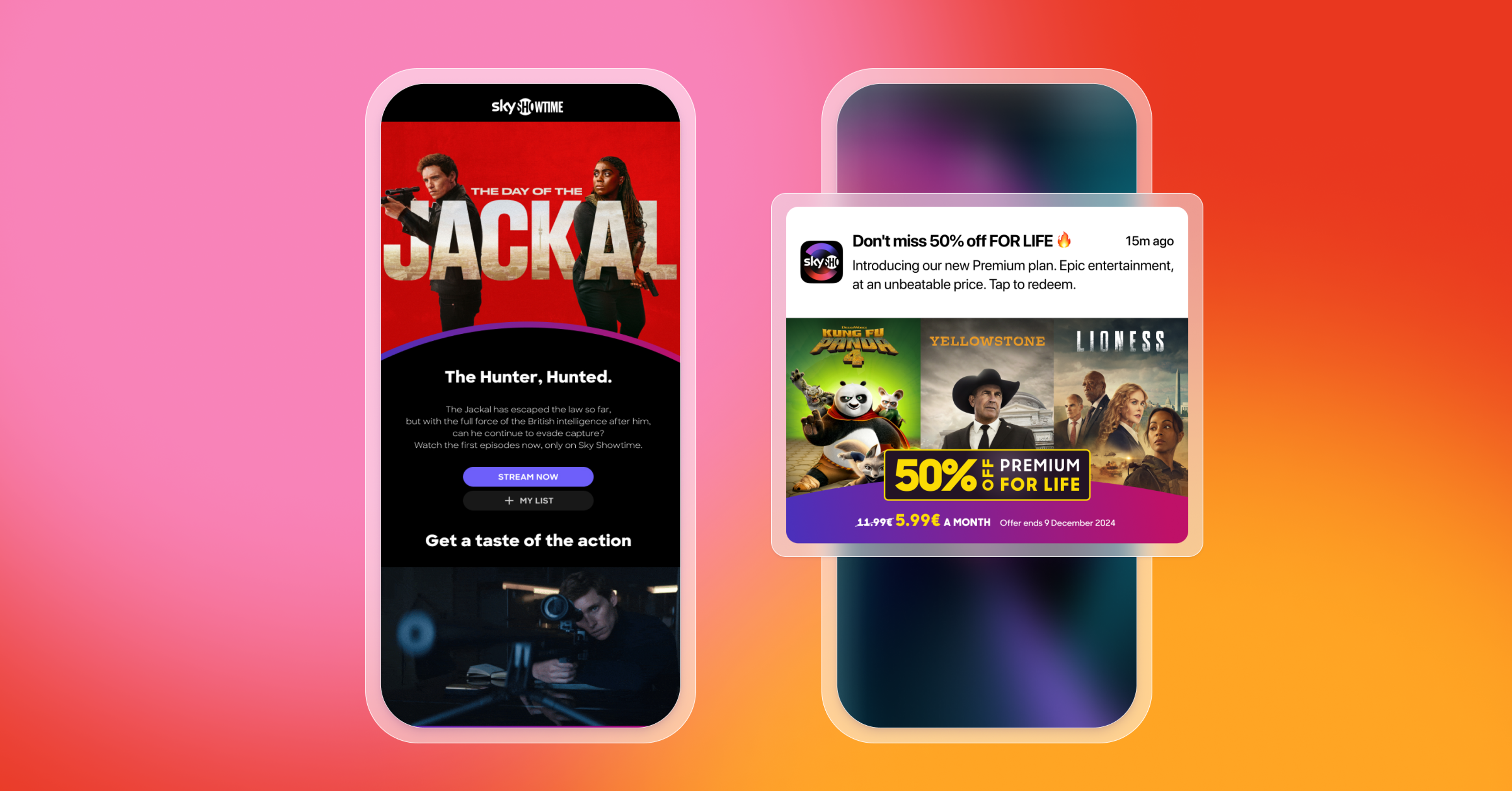 A promotional mobile app screen featuring a movie titled "Jackal" on the left and an advertisement for a premium subscription offer on the right. The background has a gradient of pink and orange colors.