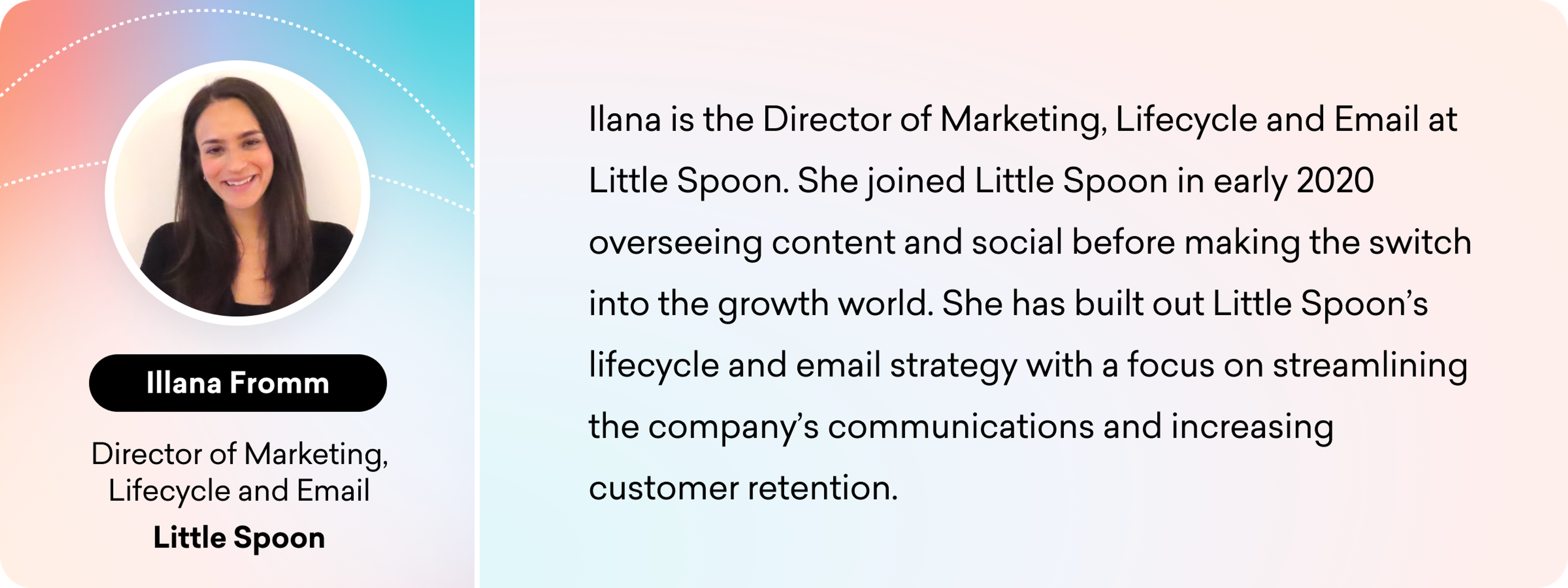 A professional headshot of Ilana Fromm, Director of Marketing, Lifecycle, and Email at Little Spoon. She has dark hair and is smiling, with a light background and text detailing her role and experience.