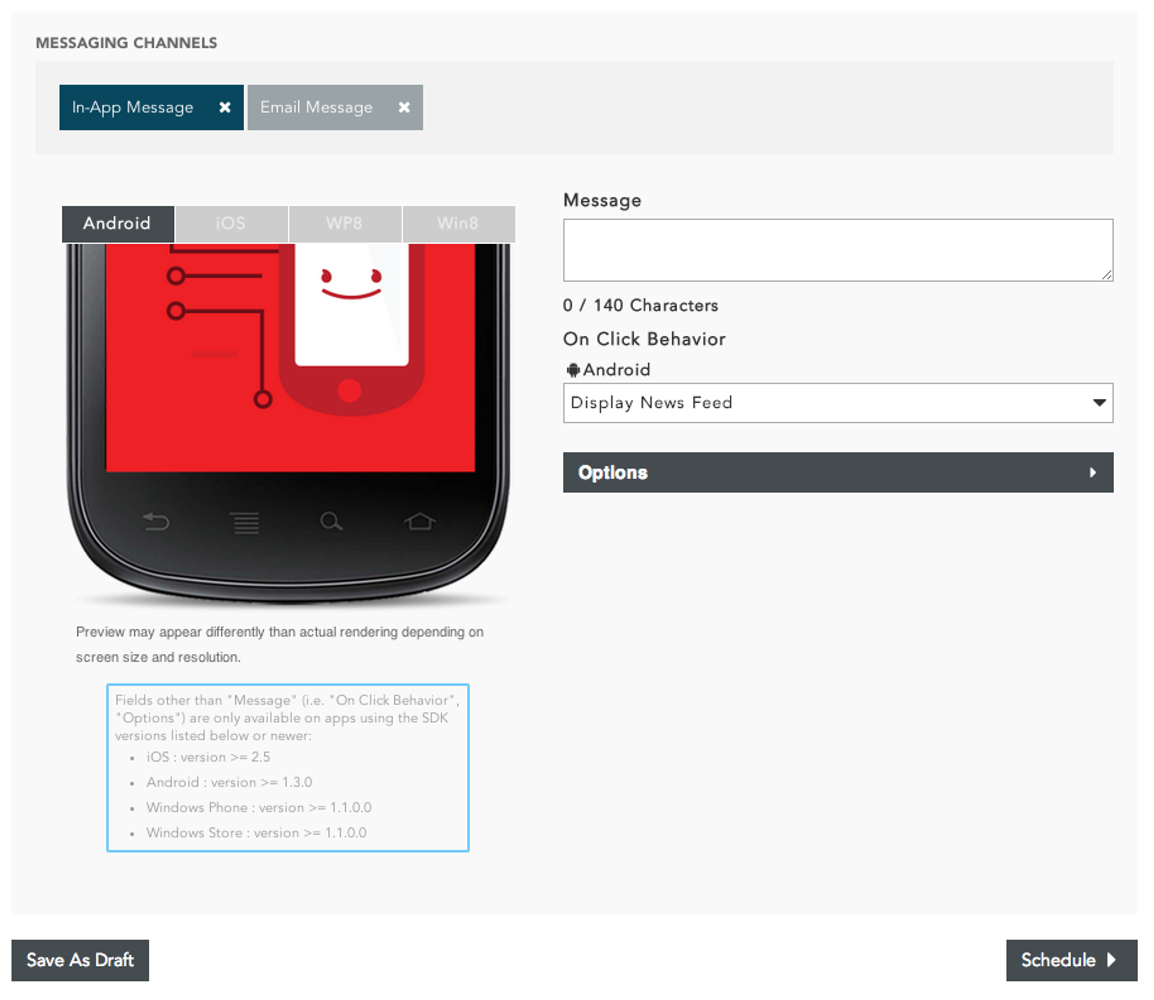 A screenshot of a messaging interface for Android, showing options for in-app messages and email messages. The interface includes fields for message content and scheduling options.