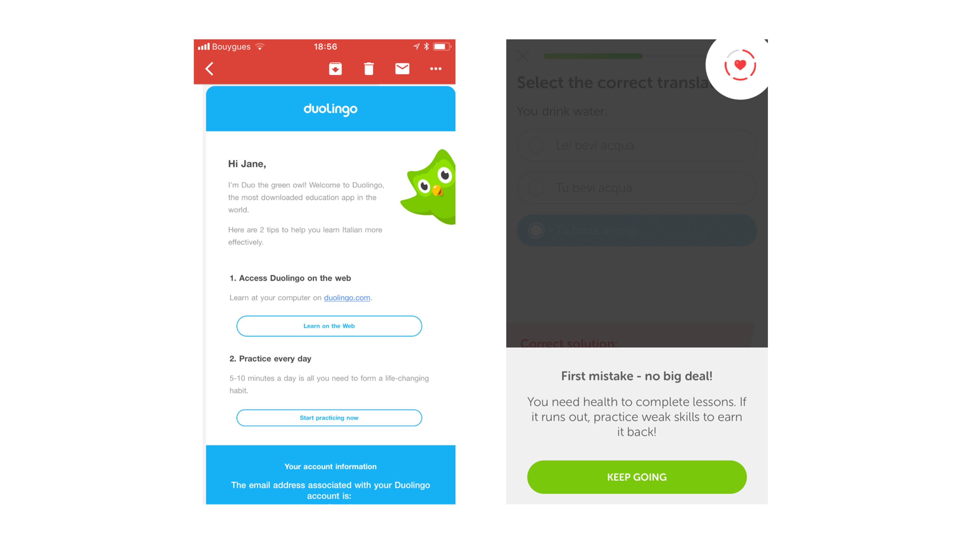 A screenshot of a Duolingo app interface showing a welcome message and instructions for using the app. It includes a notification about a mistake and an option to continue practicing.