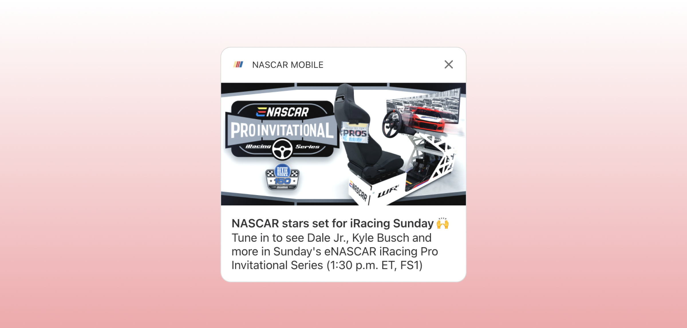 Promotional graphic for the NASCAR Pro Invitational Series featuring a racing simulator setup. Text highlights participation of stars like Dale Jr. and Kyle Busch, with details about the event time.